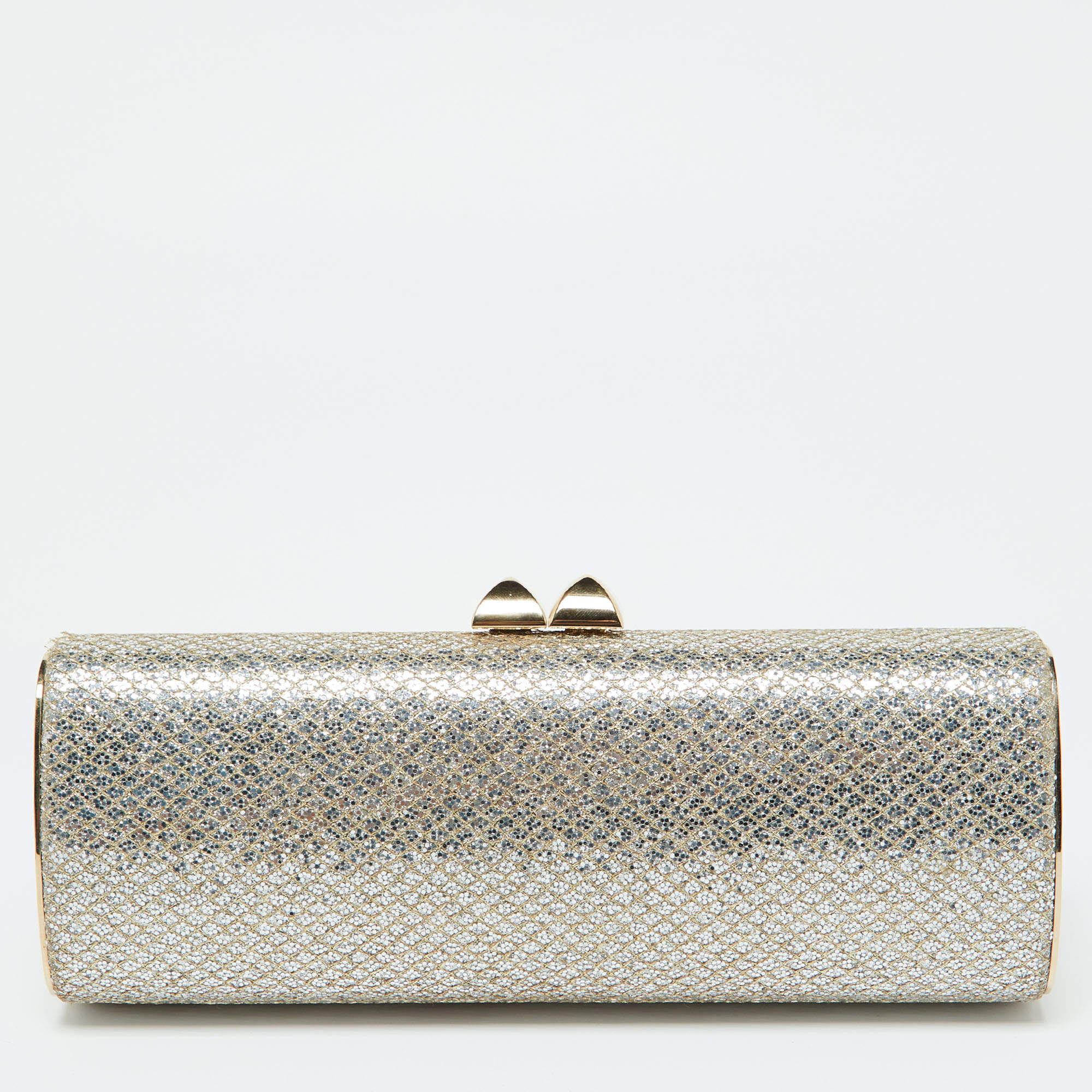 Pre Owned Jimmy Choo Gold Glitter Lurex Fabric Twill Tube Clutch