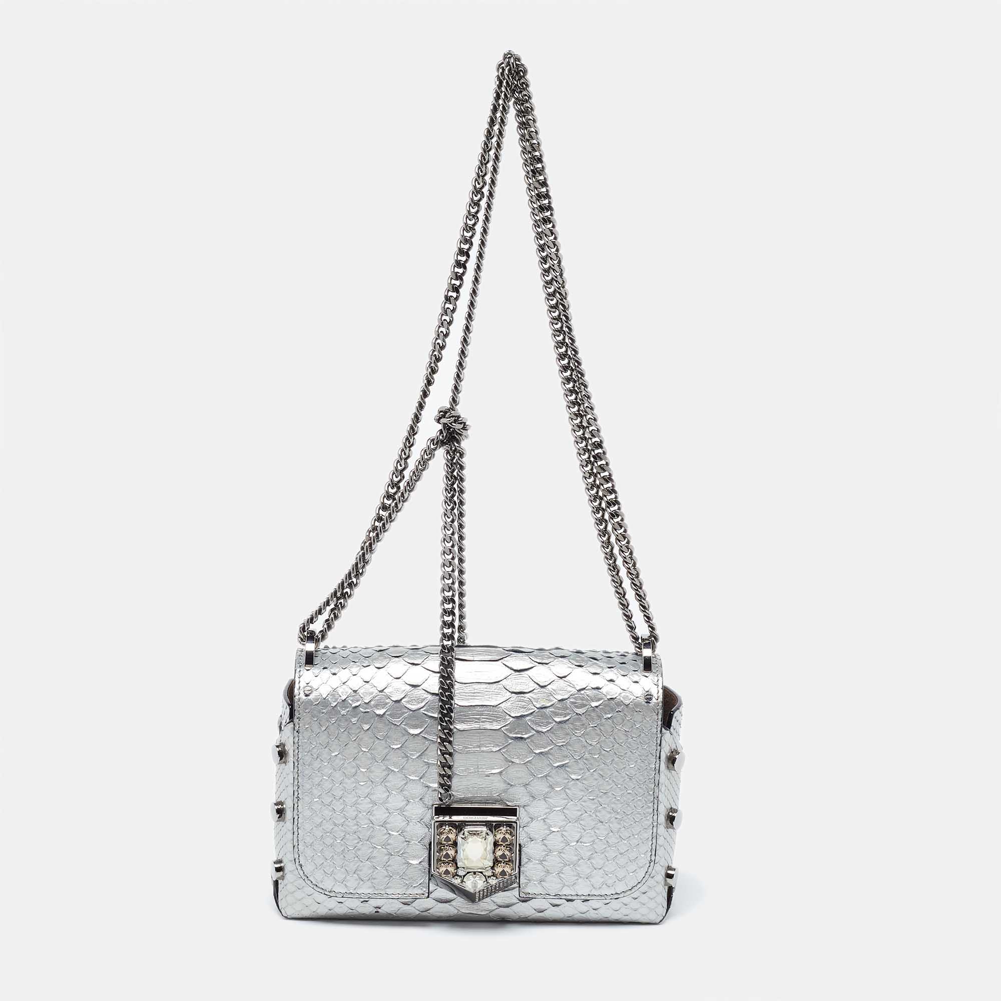 Pre Owned Jimmy Choo Silver Snakeskin Lockett City Shoulder Bag