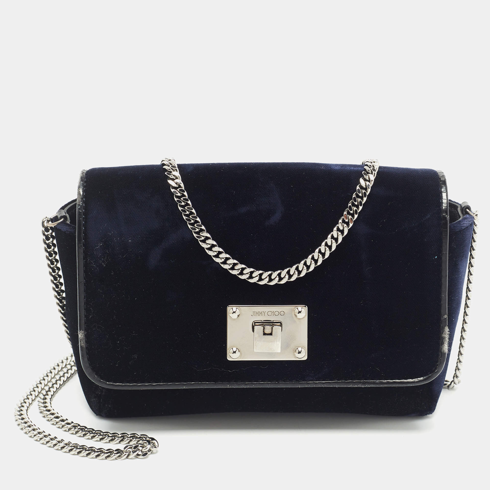 Pre Owned Jimmy Choo Midnight Blue Velvet Mini Ruby Chain Crossbody Bag