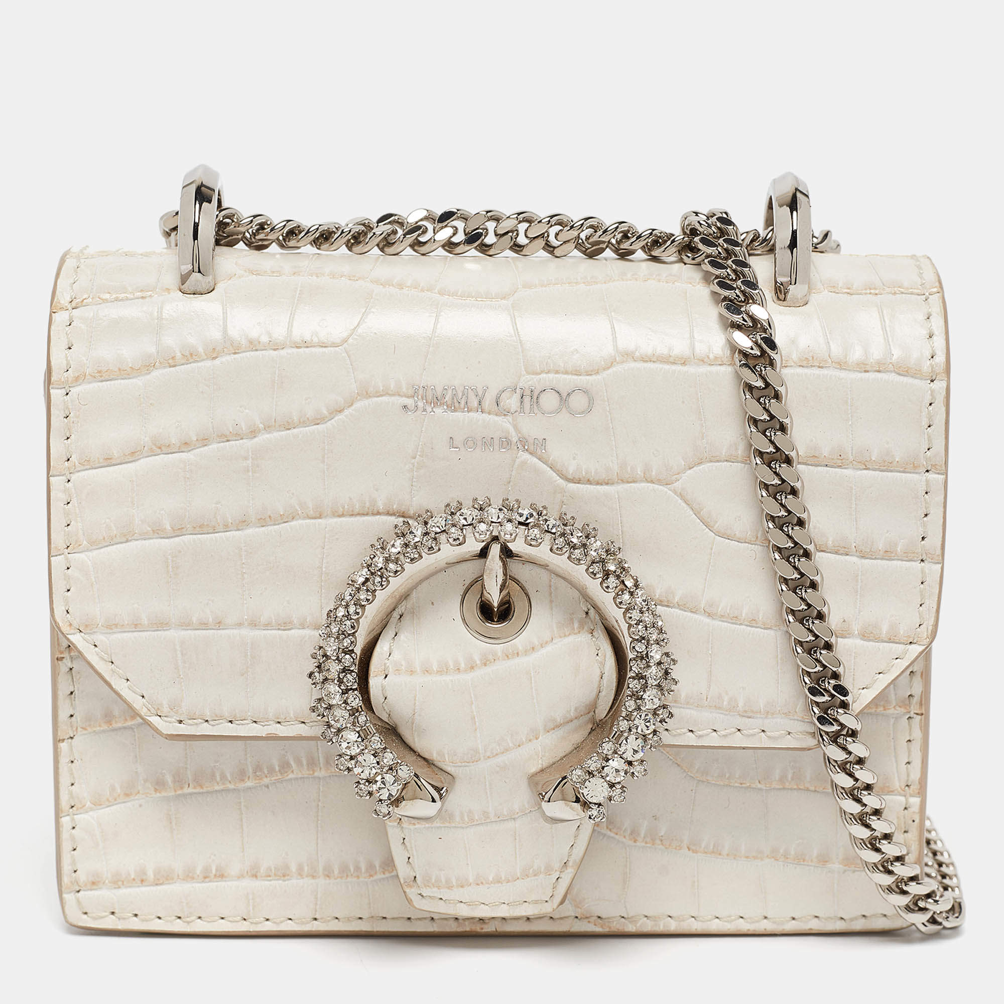 Jimmy Choo Cream Croc Embossed Leather Mini Paris Crossbody Bag