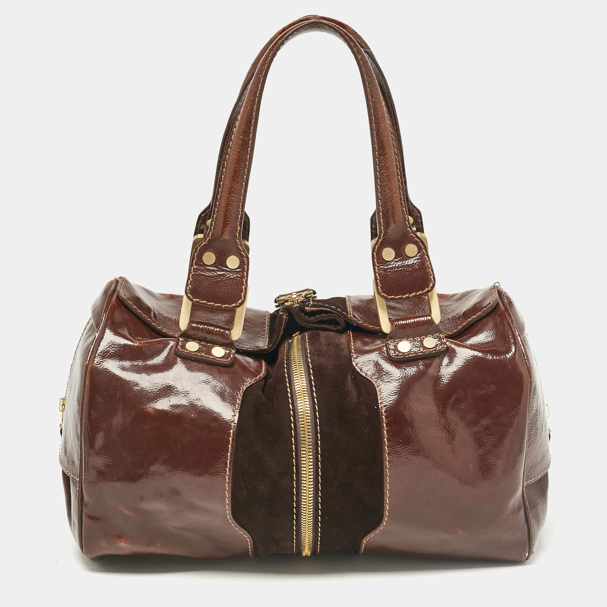 Jimmy Choo Brown Patent Leather and Suede Large Marla Bag