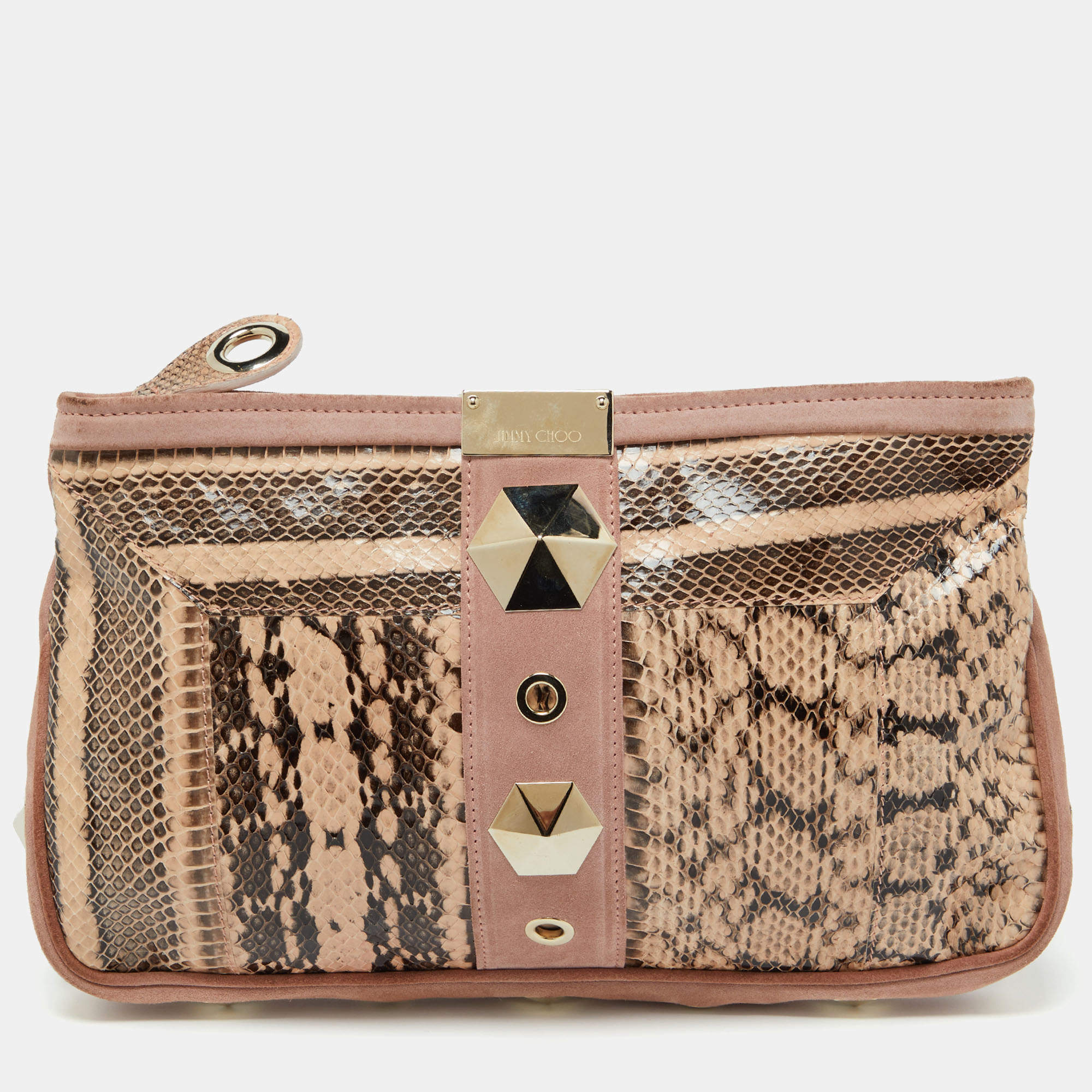 Jimmy Choo Pink/Beige Snakeskin and Suede Zulu Clutch