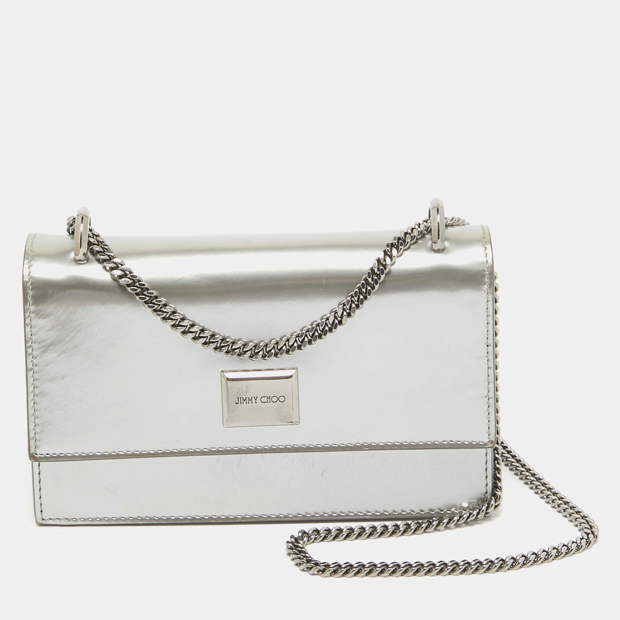 Pre Owned Jimmy Choo Silver Patent Leather Leni Chain Shoulder Bag