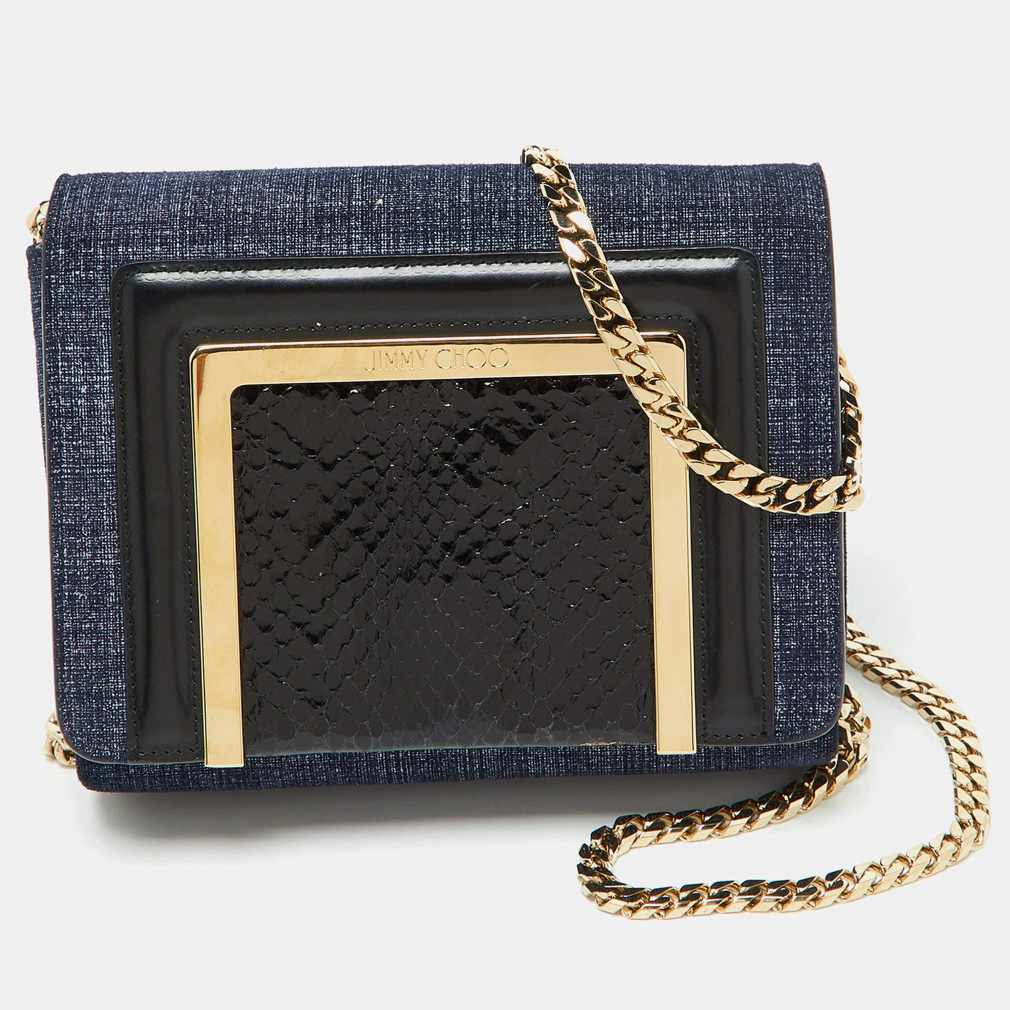 Pre Owned Jimmy Choo Blue/Black Denim and Snakeskin Ava Crossbody Bag
