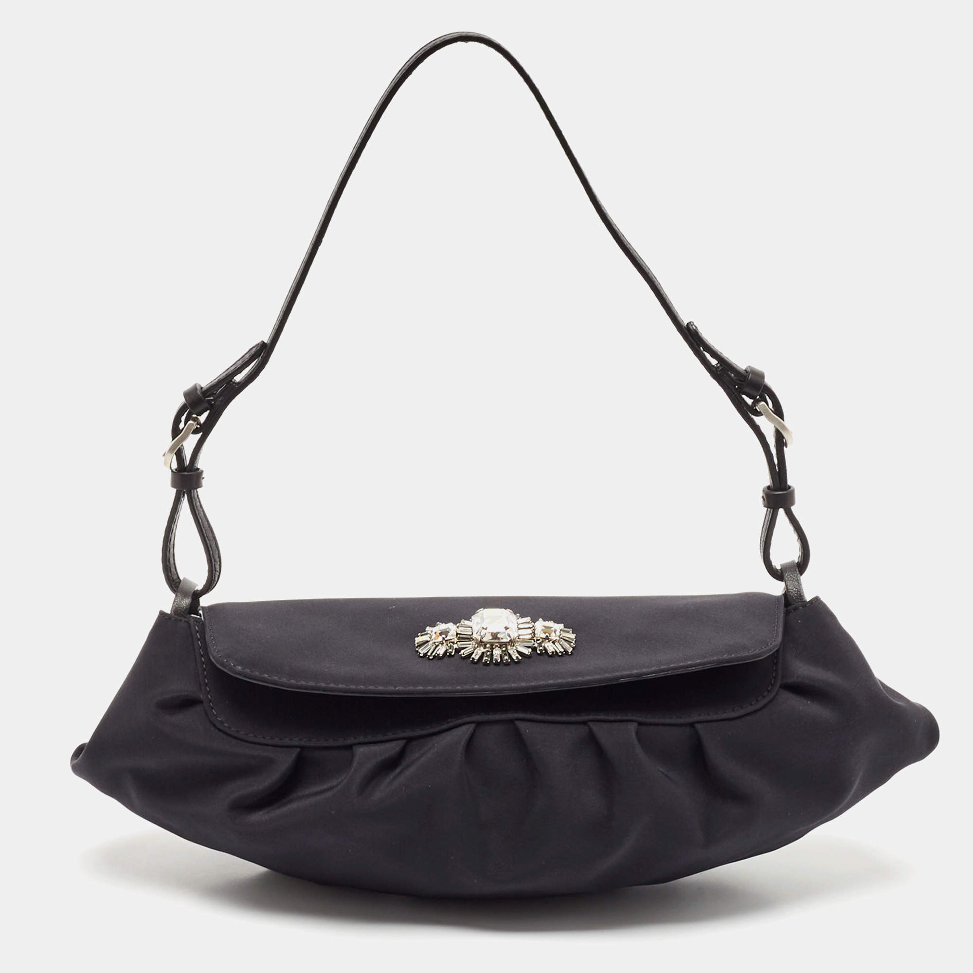 Jimmy Choo Black Satin Crystals Embellished Flap Pochette Bag