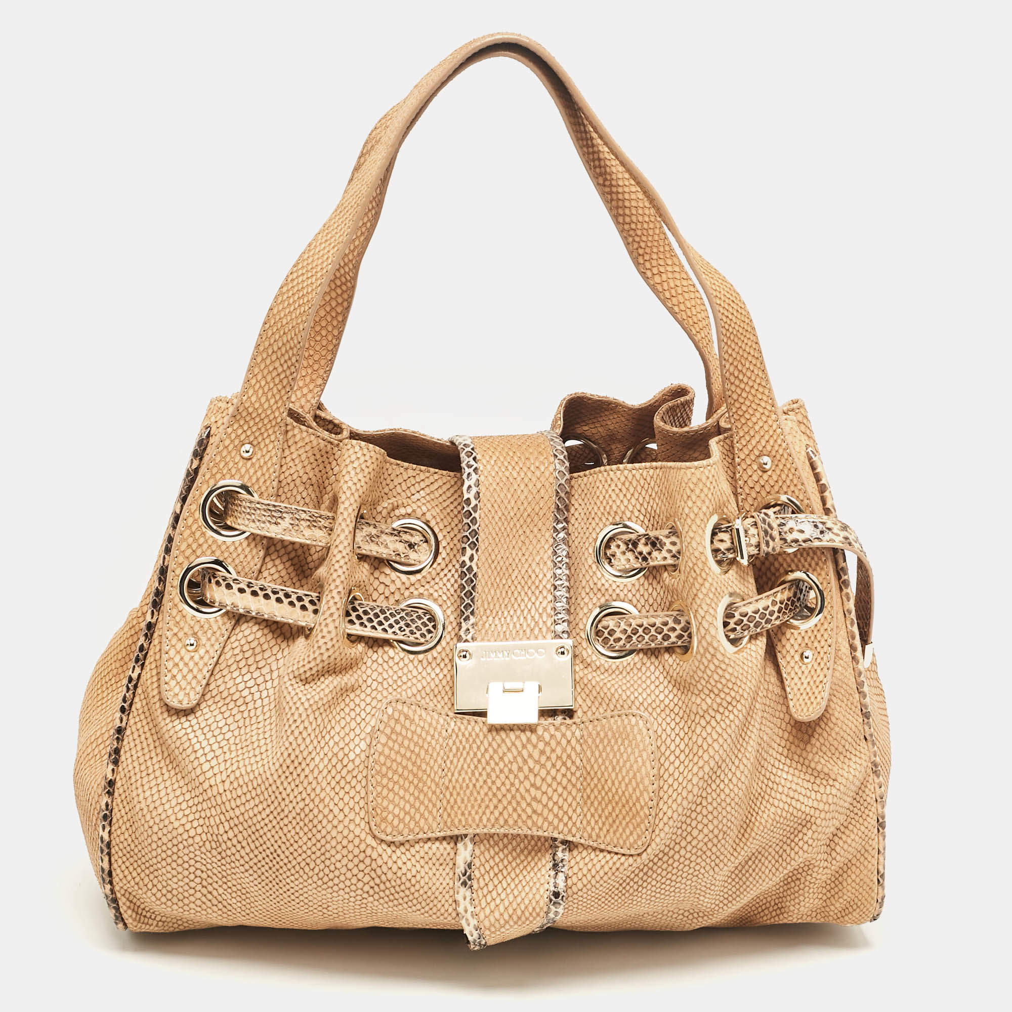 Jimmy Choo Beige Snakeskin Embossed and Watersnake Leather Riki Tote