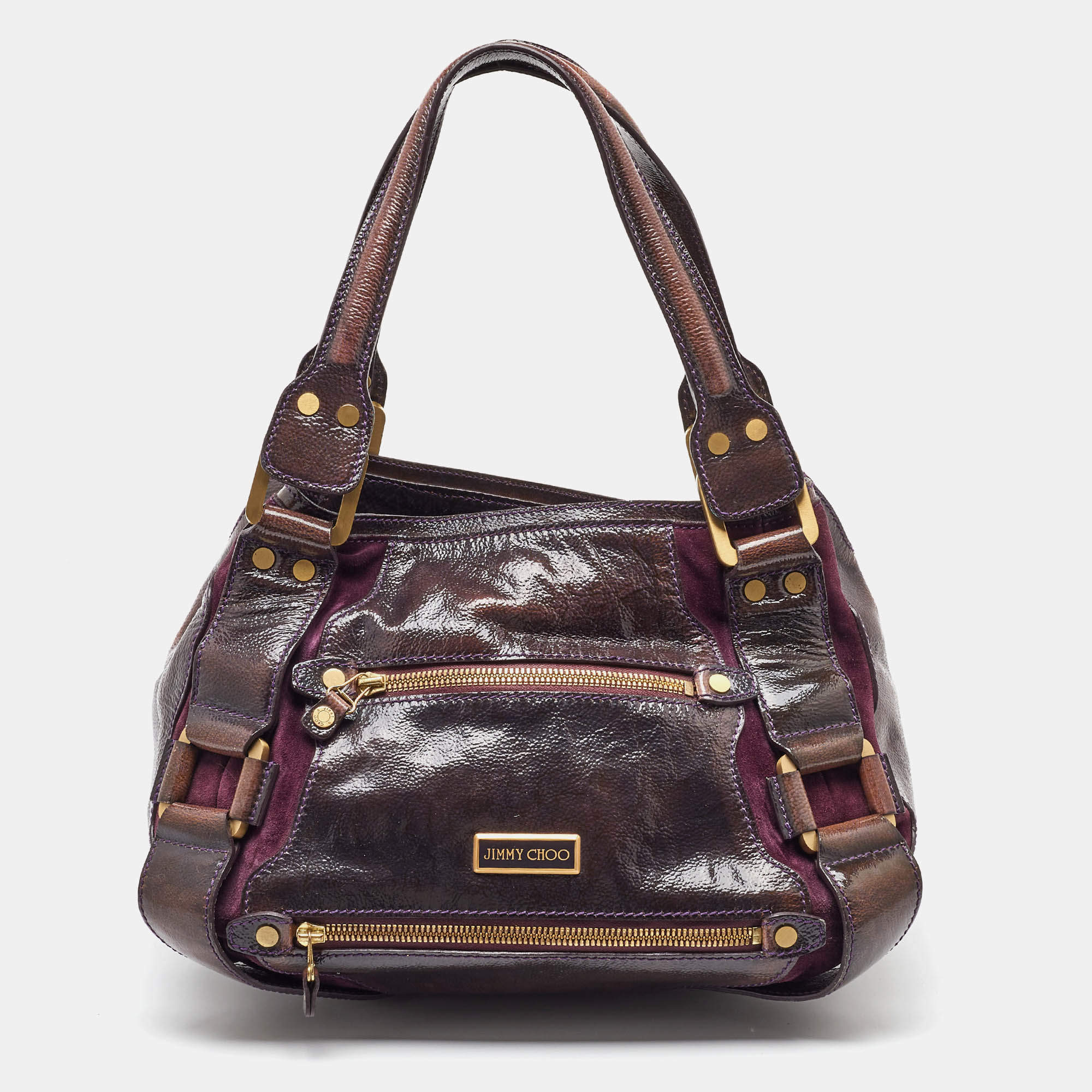 Jimmy Choo Dark Brown/Purple Patent Leather and Suede Mahala Satchel