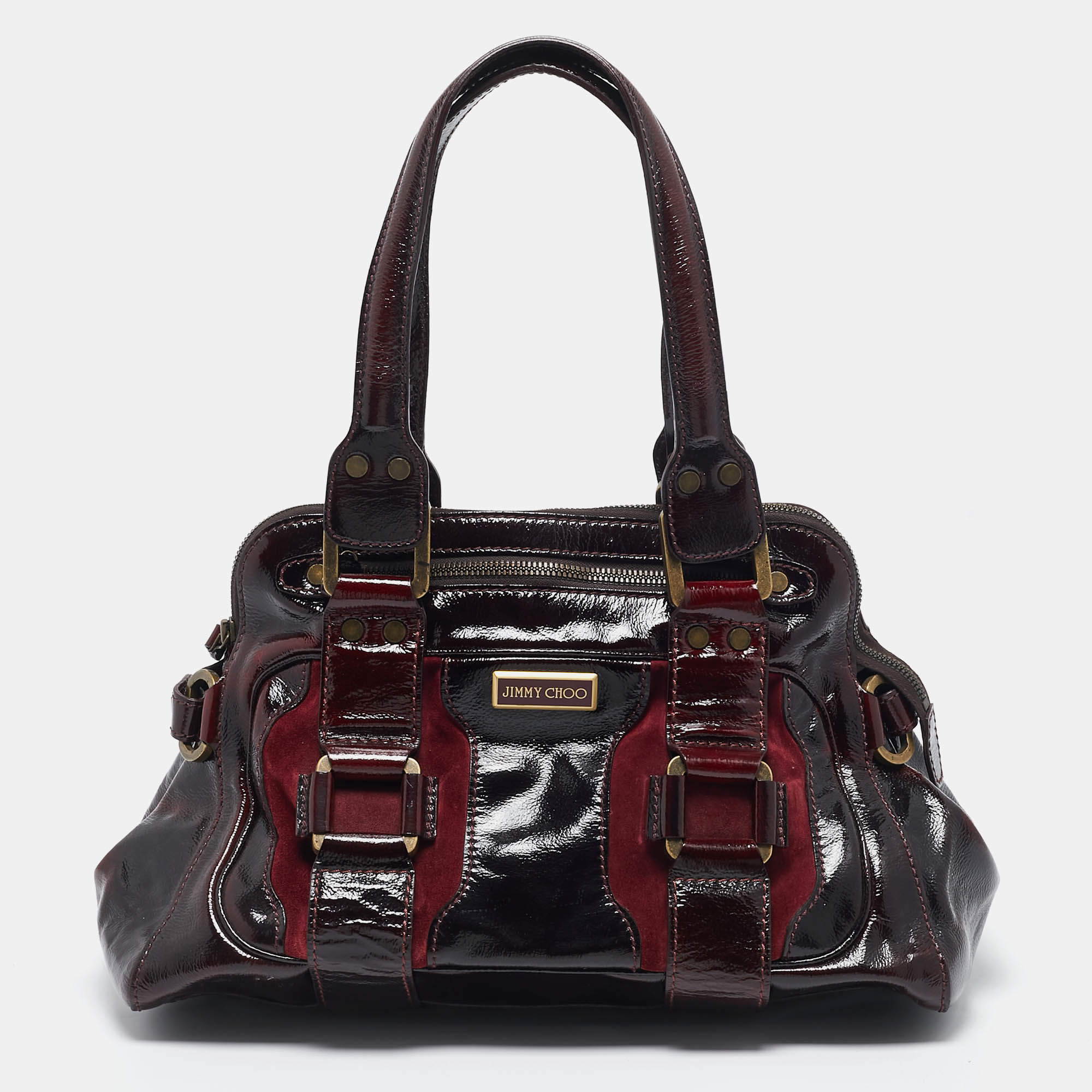 Jimmy Choo Burgundy Patent Leather and Suede Malena Satchel