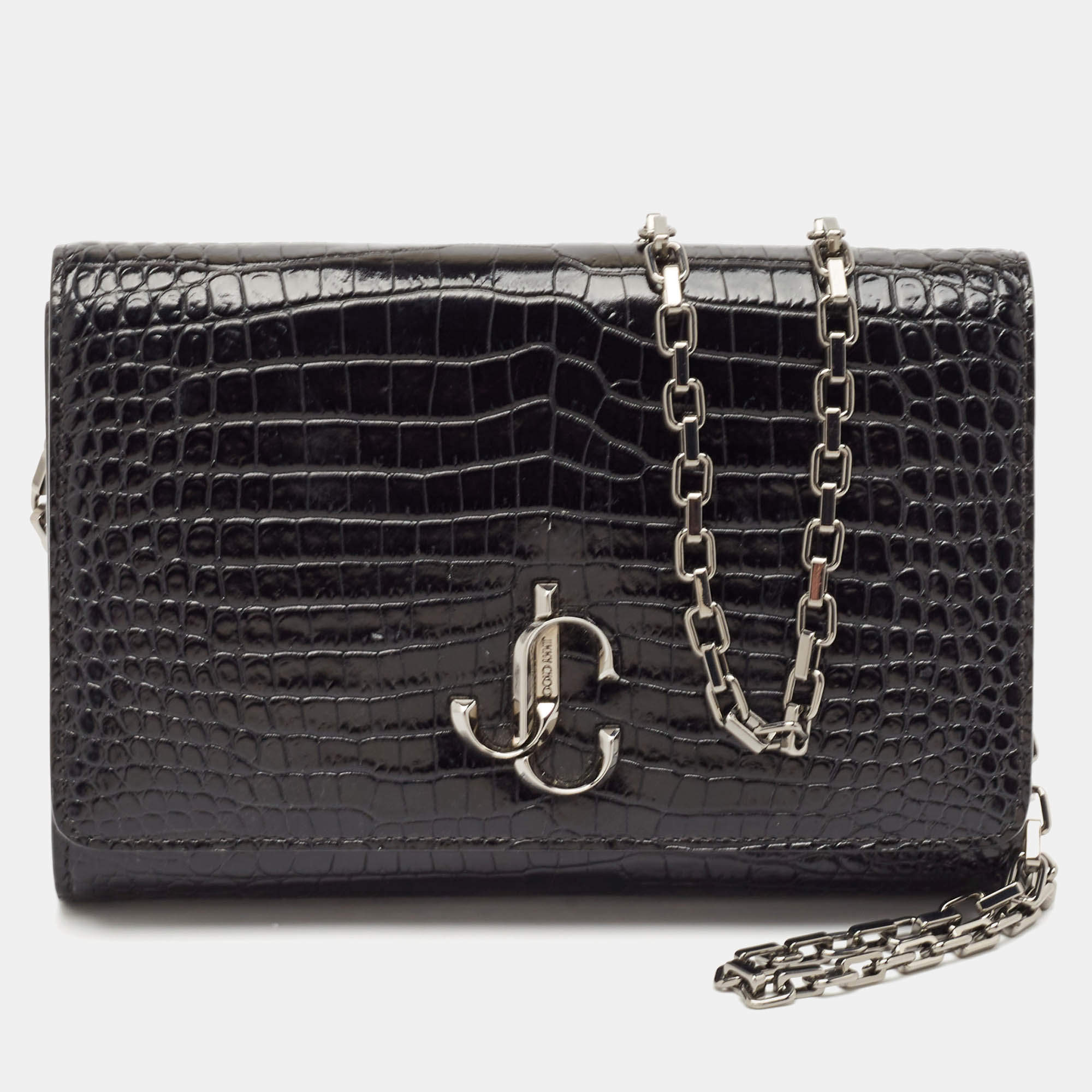 Jimmy Choo Black Croc Embossed Leather Varenne Clutch Bag