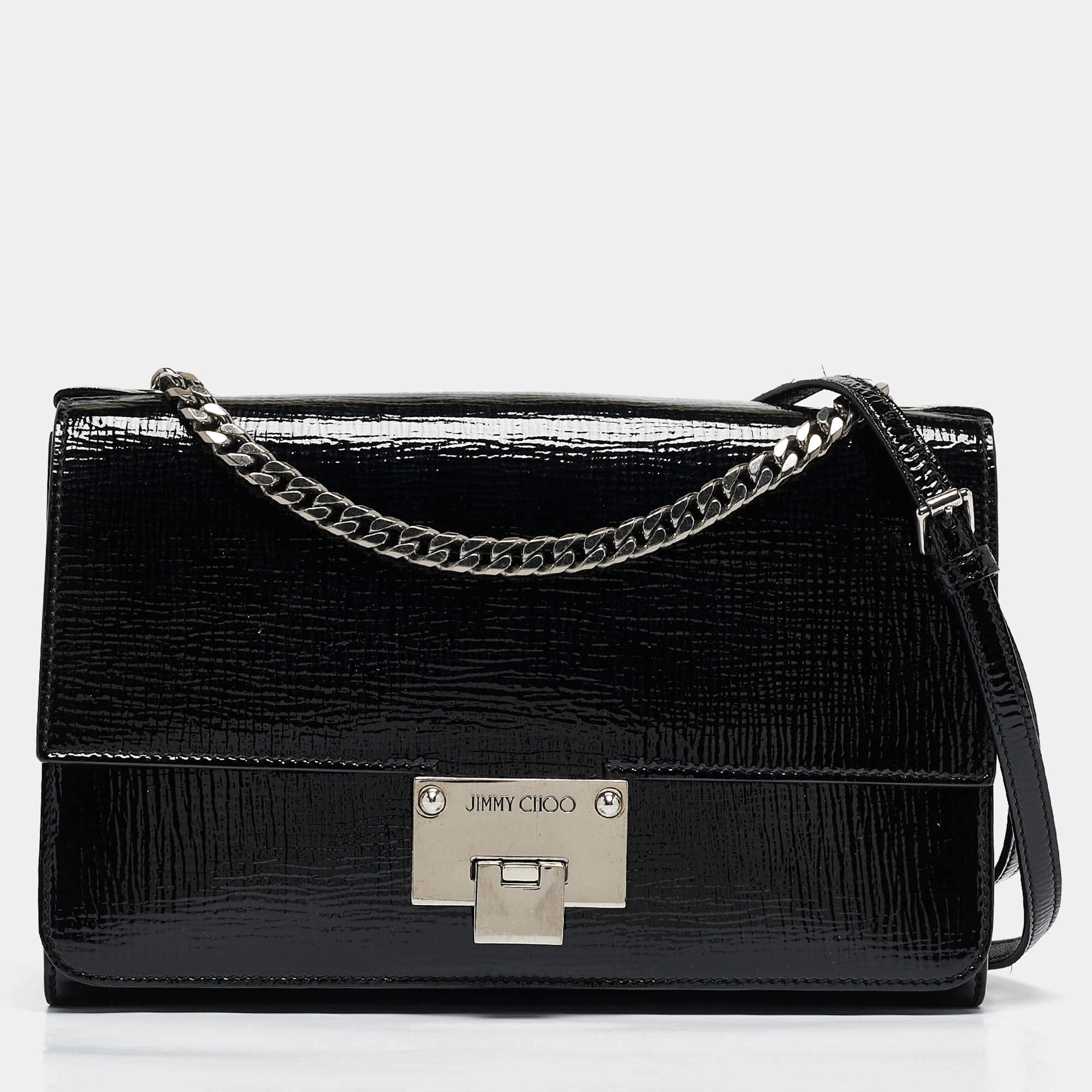 Pre Owned Jimmy Choo Black Patent Leather Rebel Flap Shoulder Bag