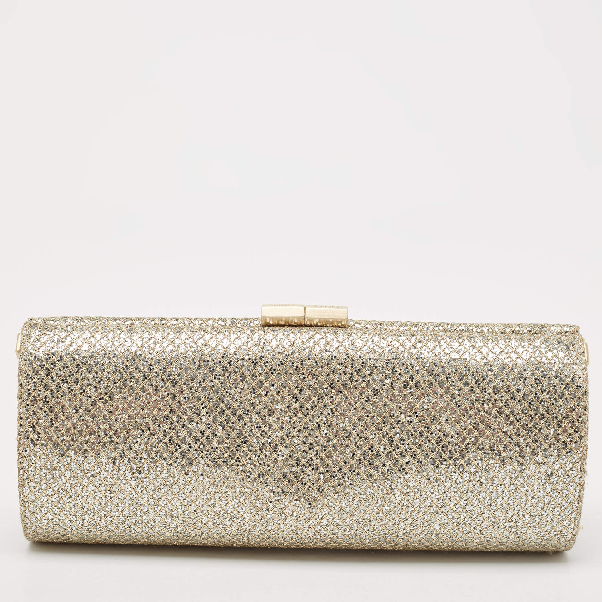 Jimmy Choo Gold Glitter and Lurex Fabric Twill Tube Clutch