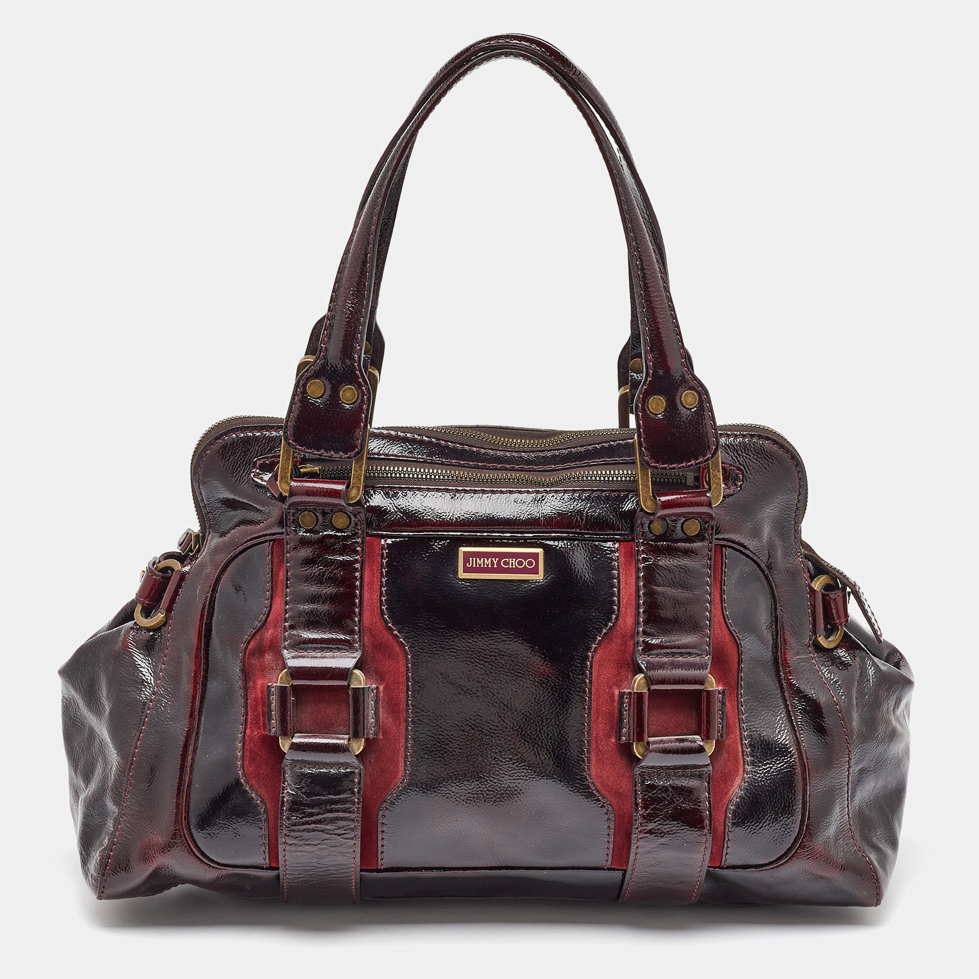 Jimmy Choo Burgundy Patent Leather and Suede Malena Satchel