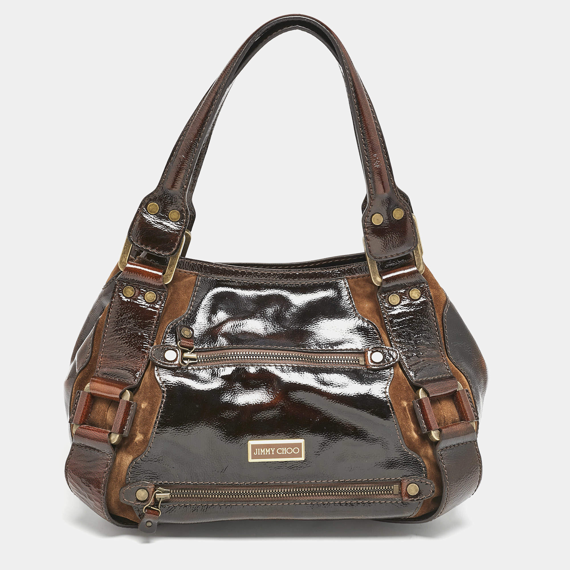 Jimmy Choo Dark Brown Patent Leather and Suede Malena Satchel
