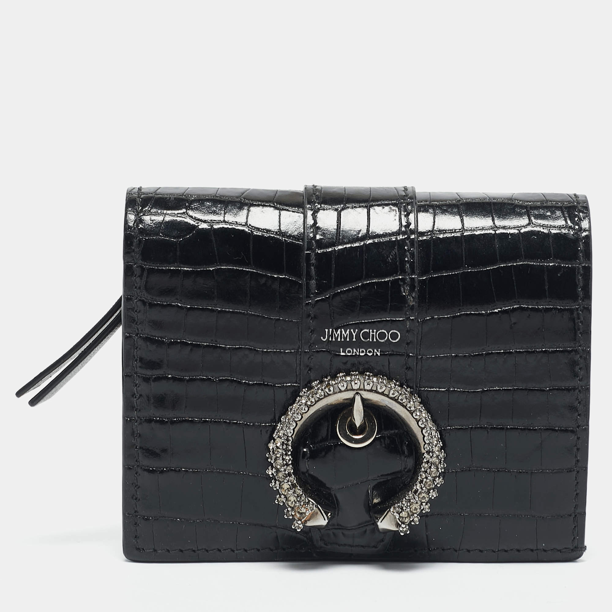 Jimmy Choo Black Croc Embossed Leather Hanne Crystals Compact Wallet