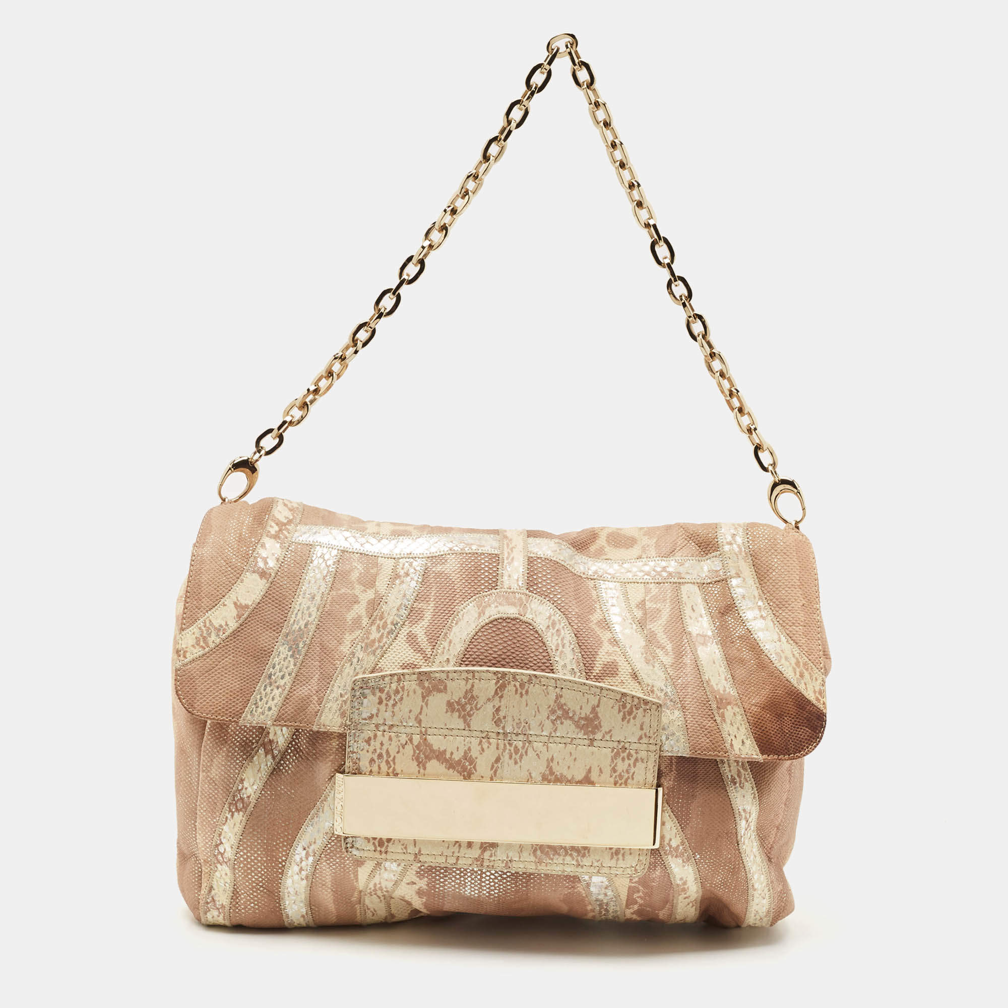 Jimmy Choo Beige/Cream Lizard and Snakeskin Carolina Chain Shoulder Bag