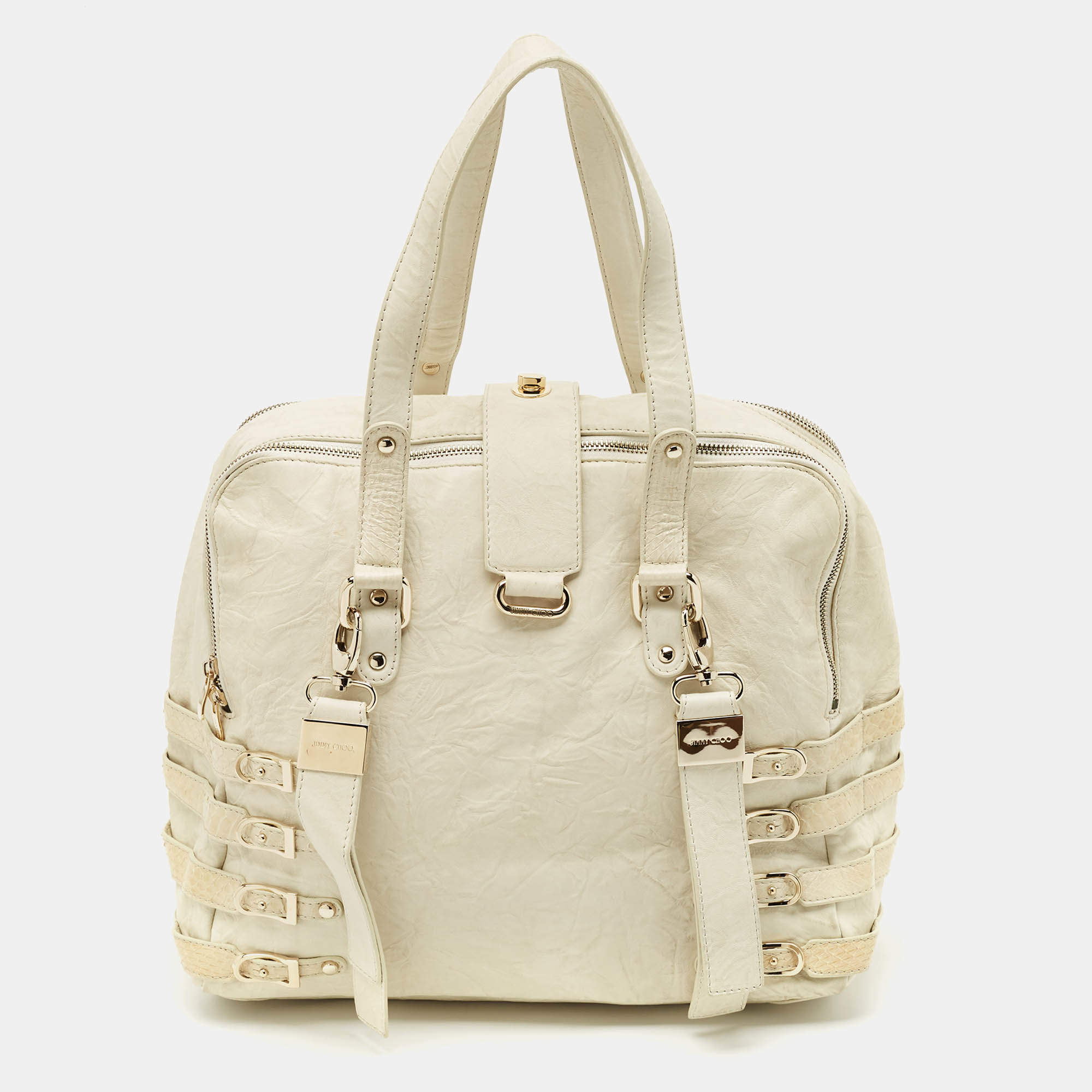 Pre Owned Jimmy Choo Off White Leather and Snakeskin Trim Bree Bag