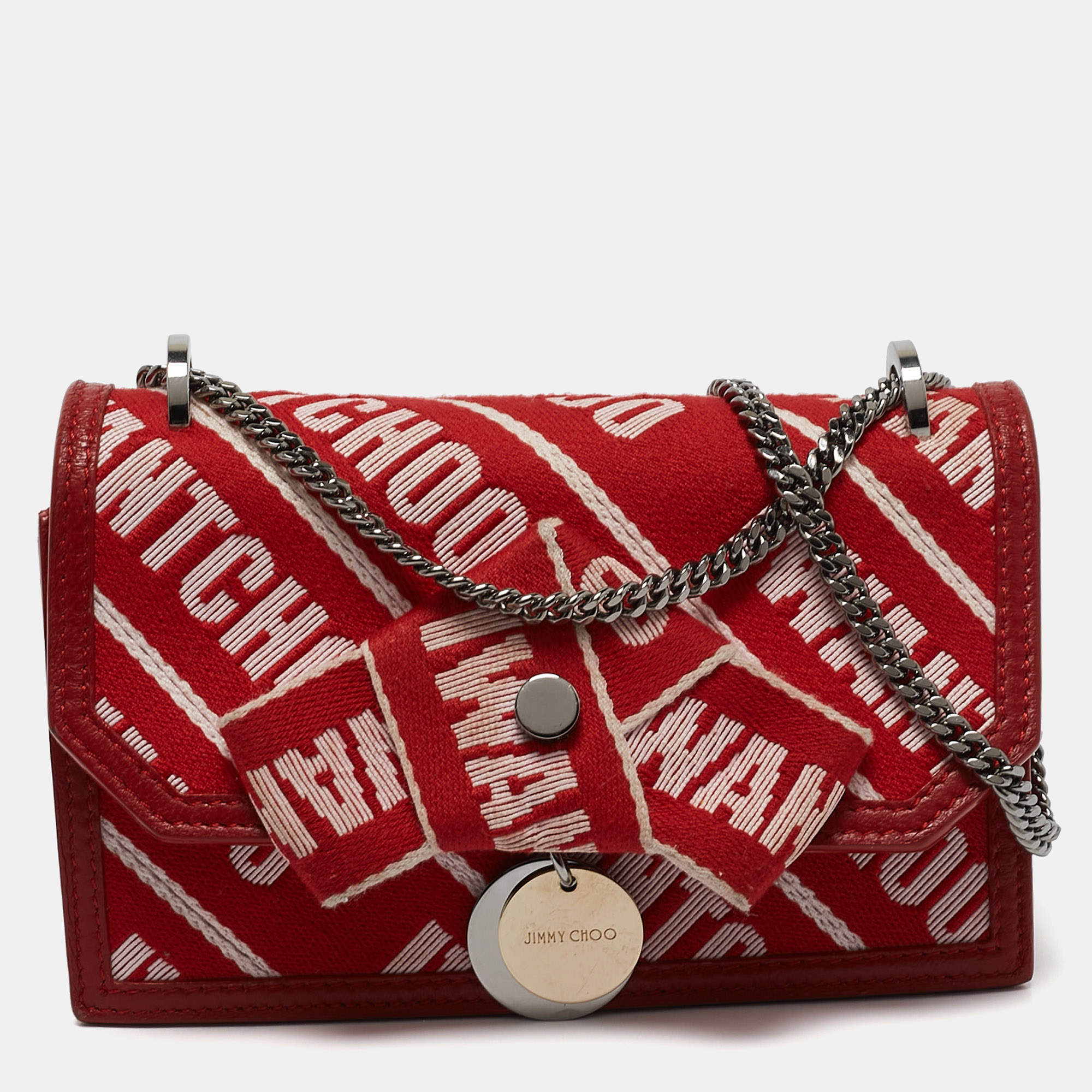 Jimmy Choo Red Canvas and Leather Finley Logo Crossbody Bag