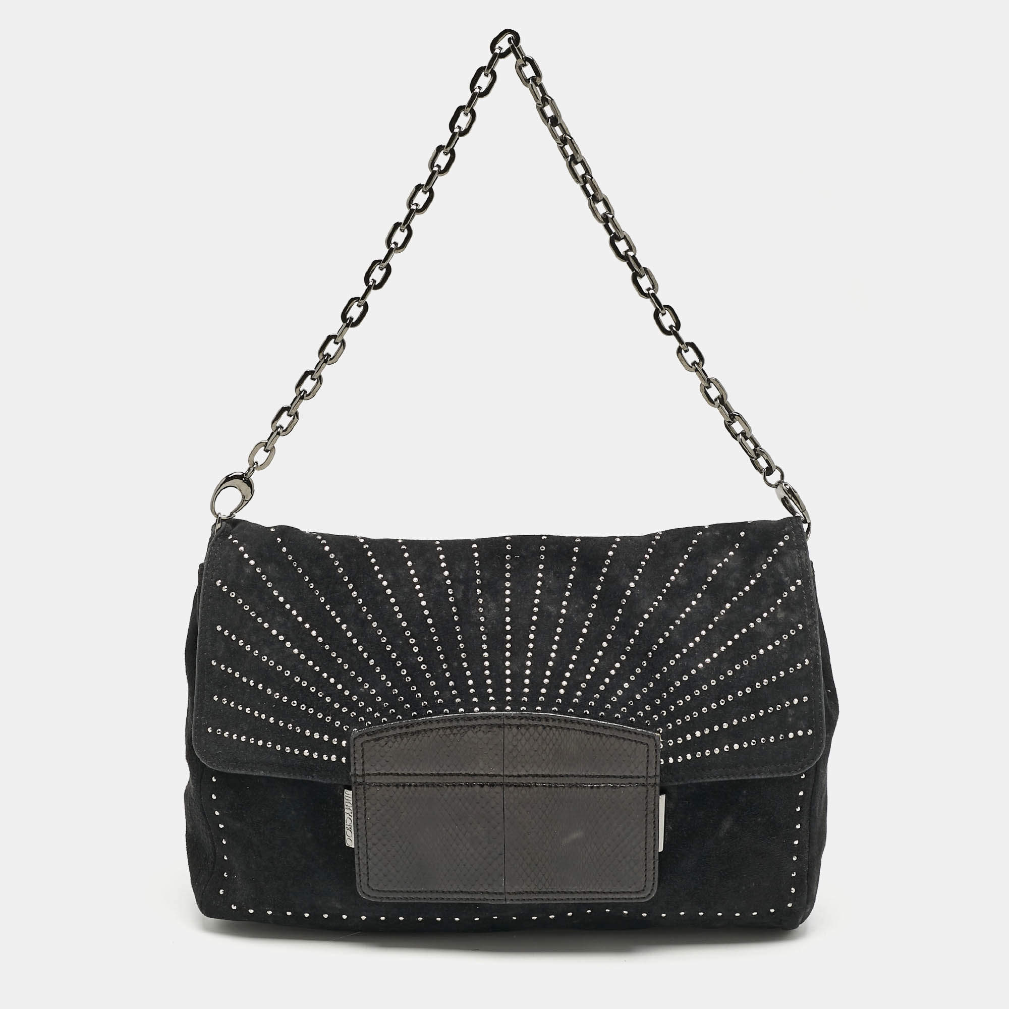 Pre Owned Jimmy Choo Black Suede and Snakeskin Studded Carolina Chain Shoulder Bag