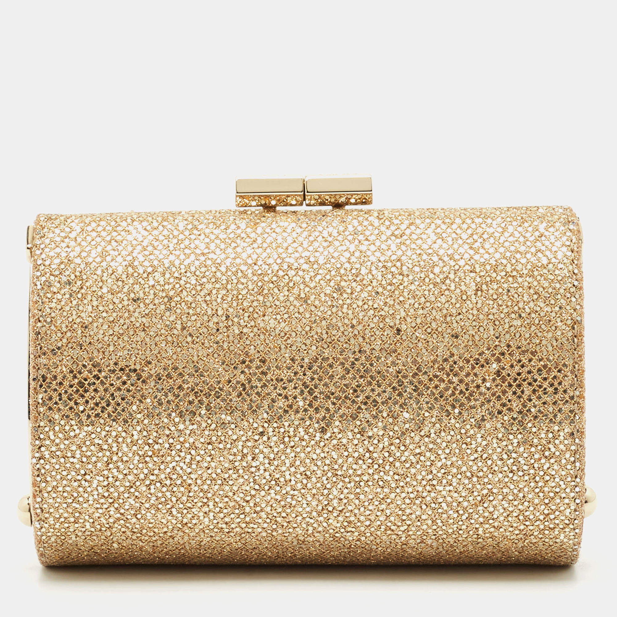 Jimmy Choo Gold Glitter Fabric Mini Tube Clutch