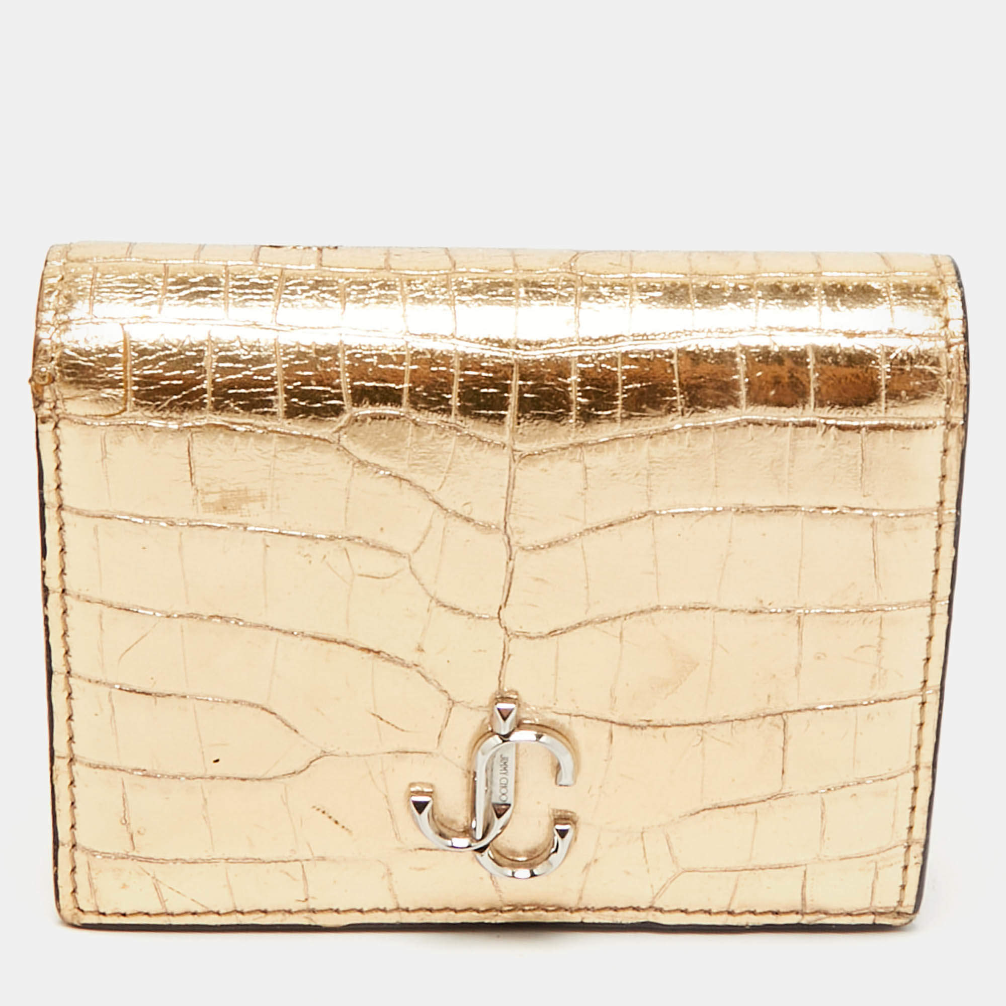 Jimmy Choo Gold Croc Embossed Leather Hanne Card Case
