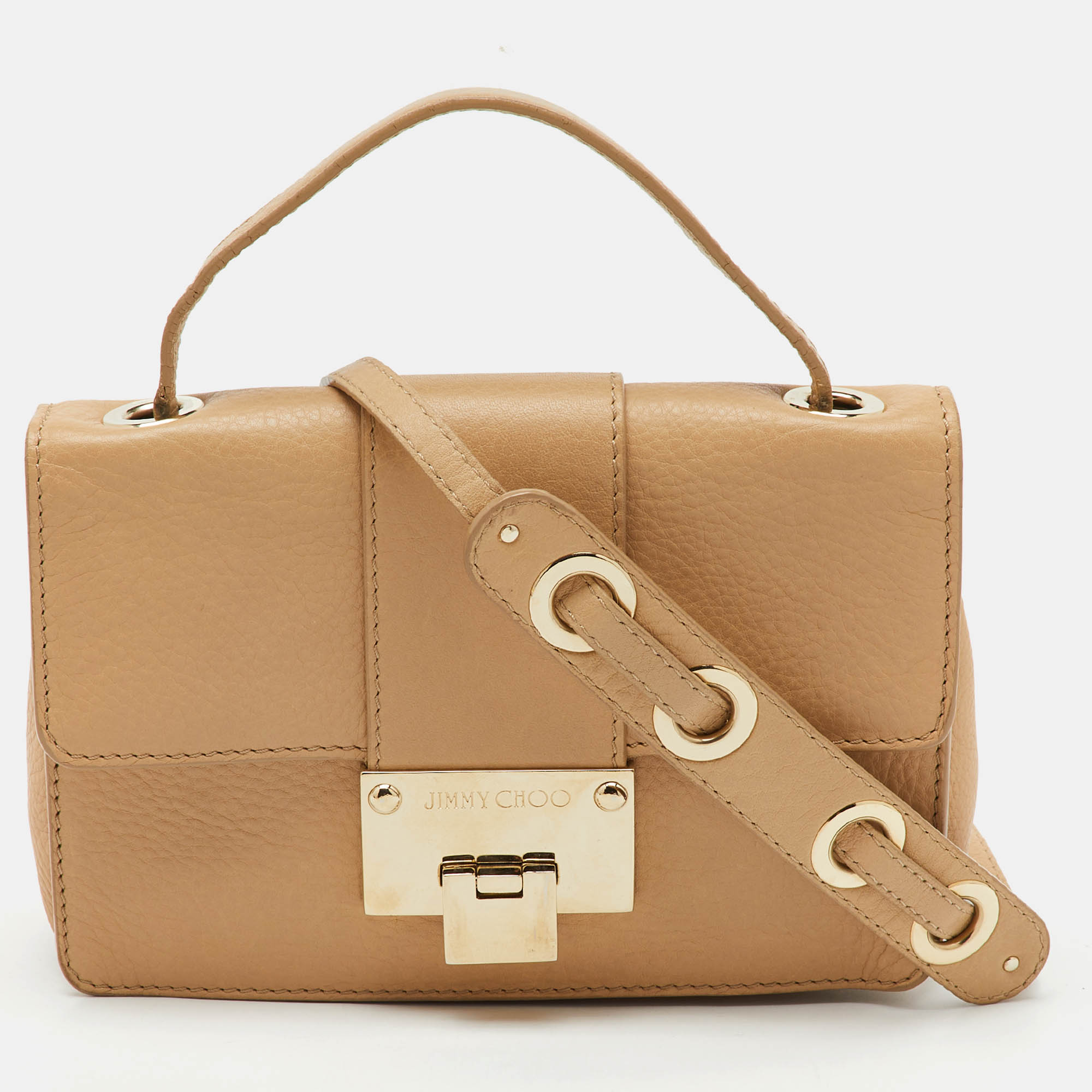 Pre Owned Jimmy Choo Beige Leather Rebel Flap Top Handle Bag