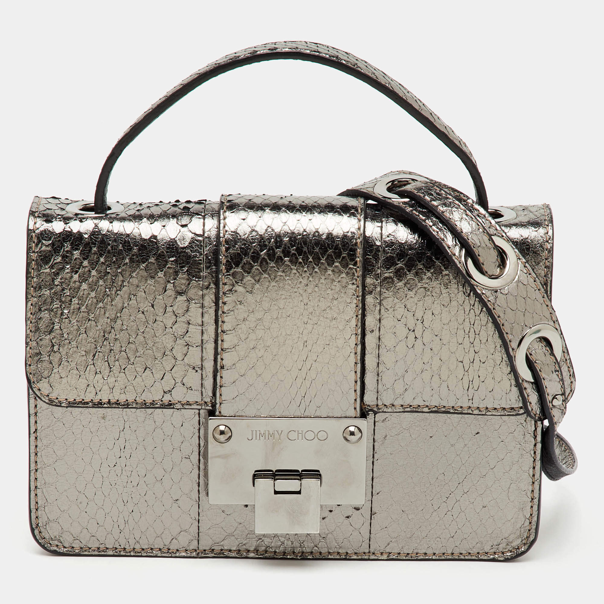 مملوكة مسبقًا حقيبة كتف جيمي تشو ريبيل جلد محفور بنقشة جلد الأفعى فضي
