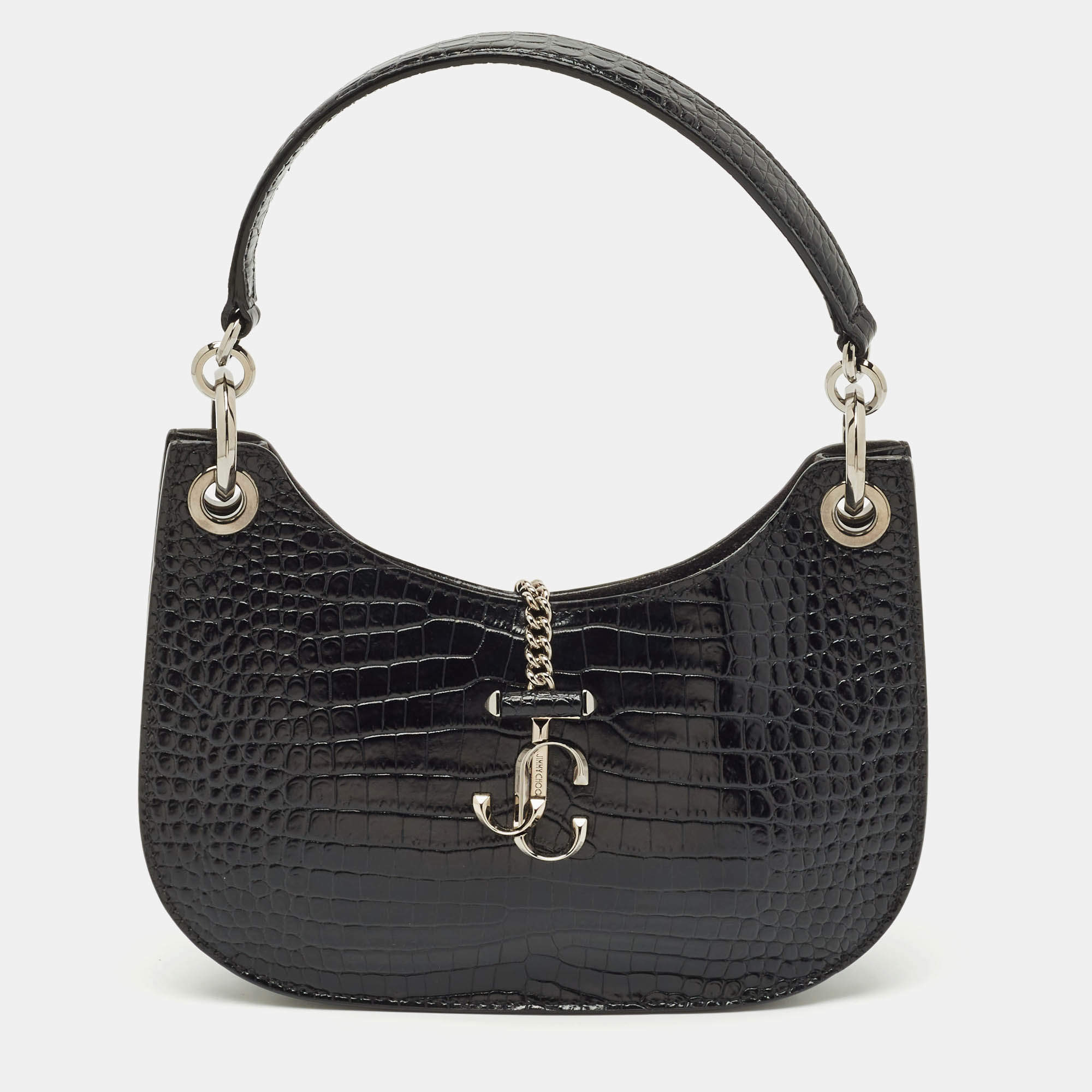 Jimmy Choo Black Croc Embossed Leather Varenne Hobo