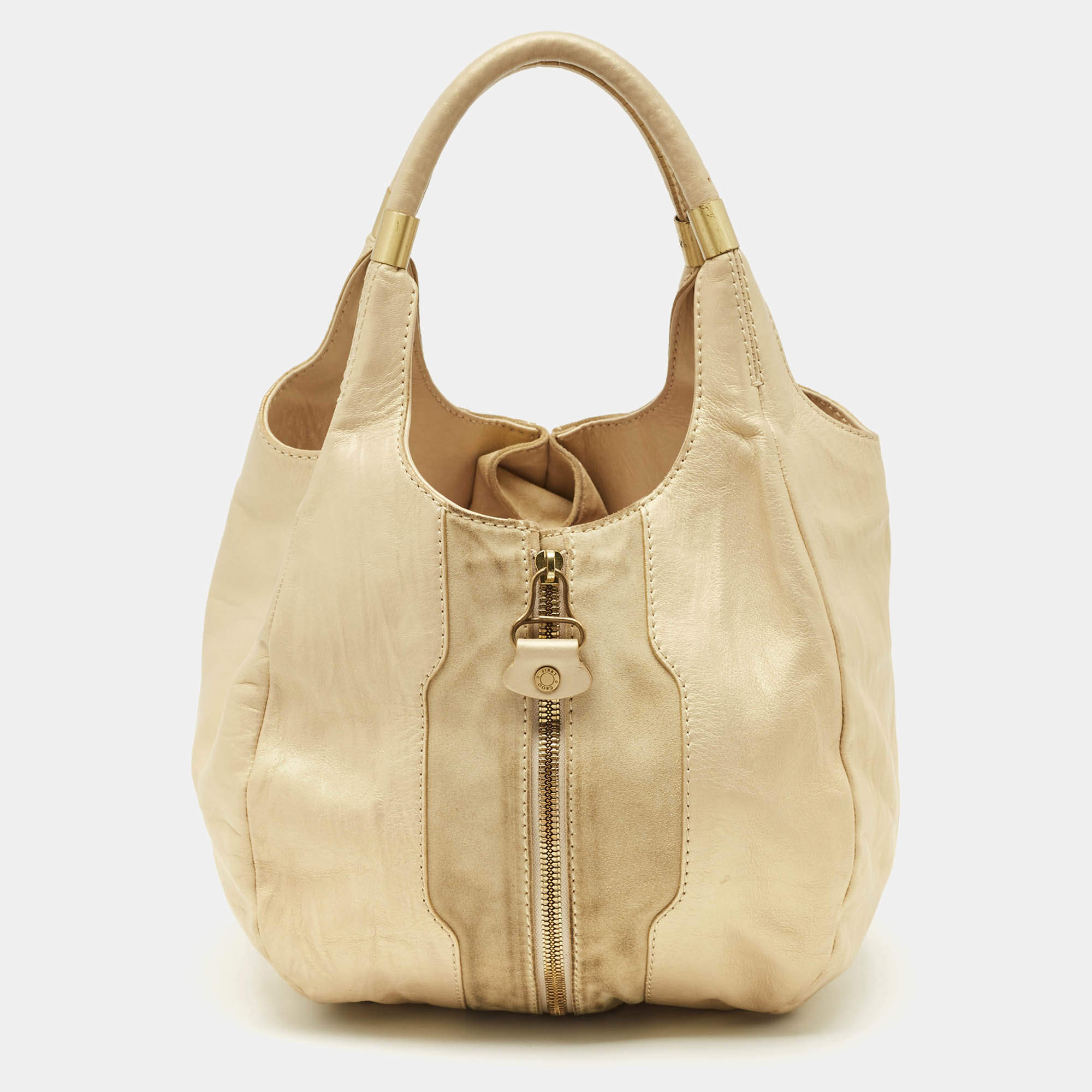 Pre Owned Jimmy Choo Beige/Gold Leather and Suede Mandah Expandable Hobo