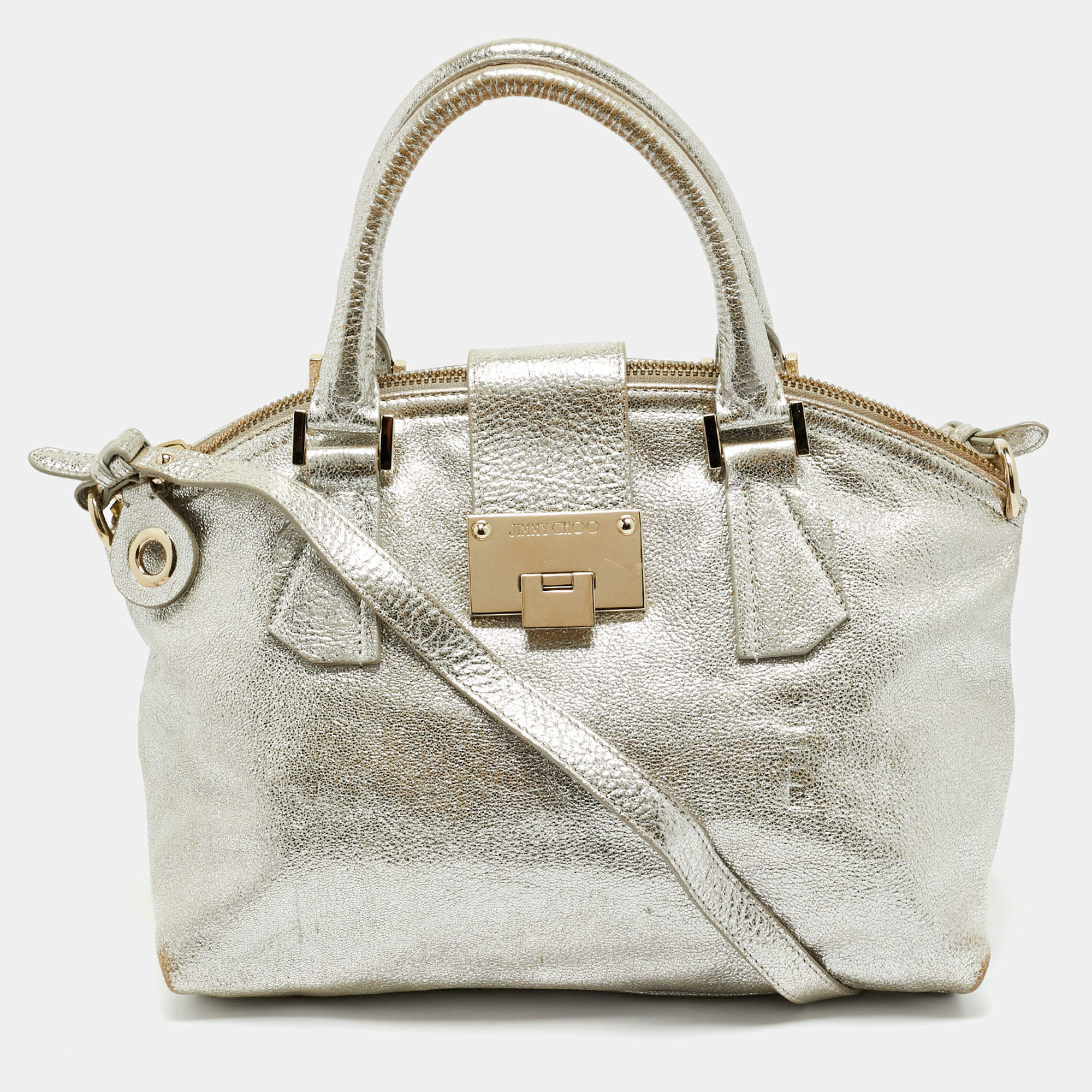 Pre Owned Jimmy Choo Silver Foil Leather Rosa Satchel
