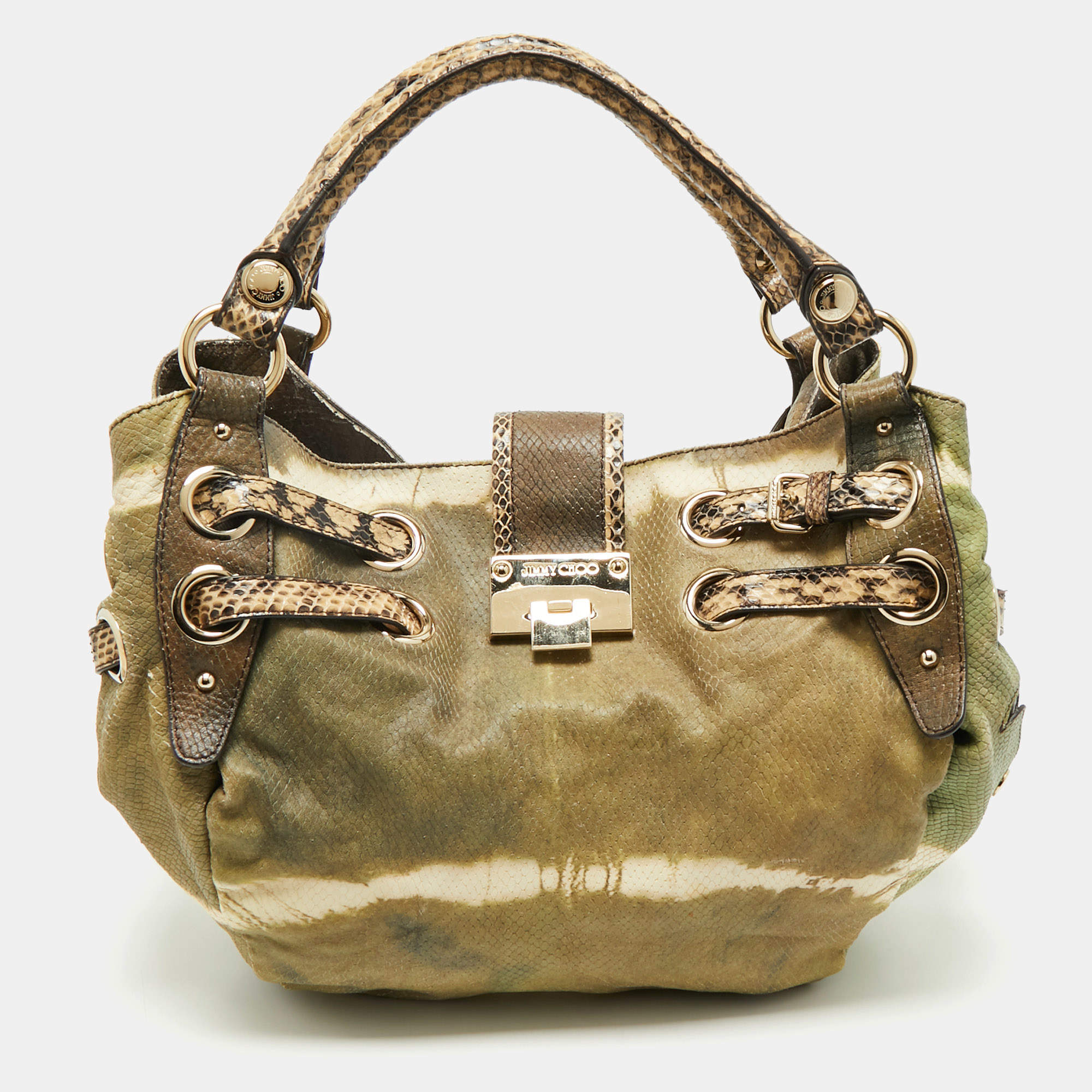 Pre Owned Jimmy Choo Green/Beige Snakeskin Tie-Dye Ramona Hobo