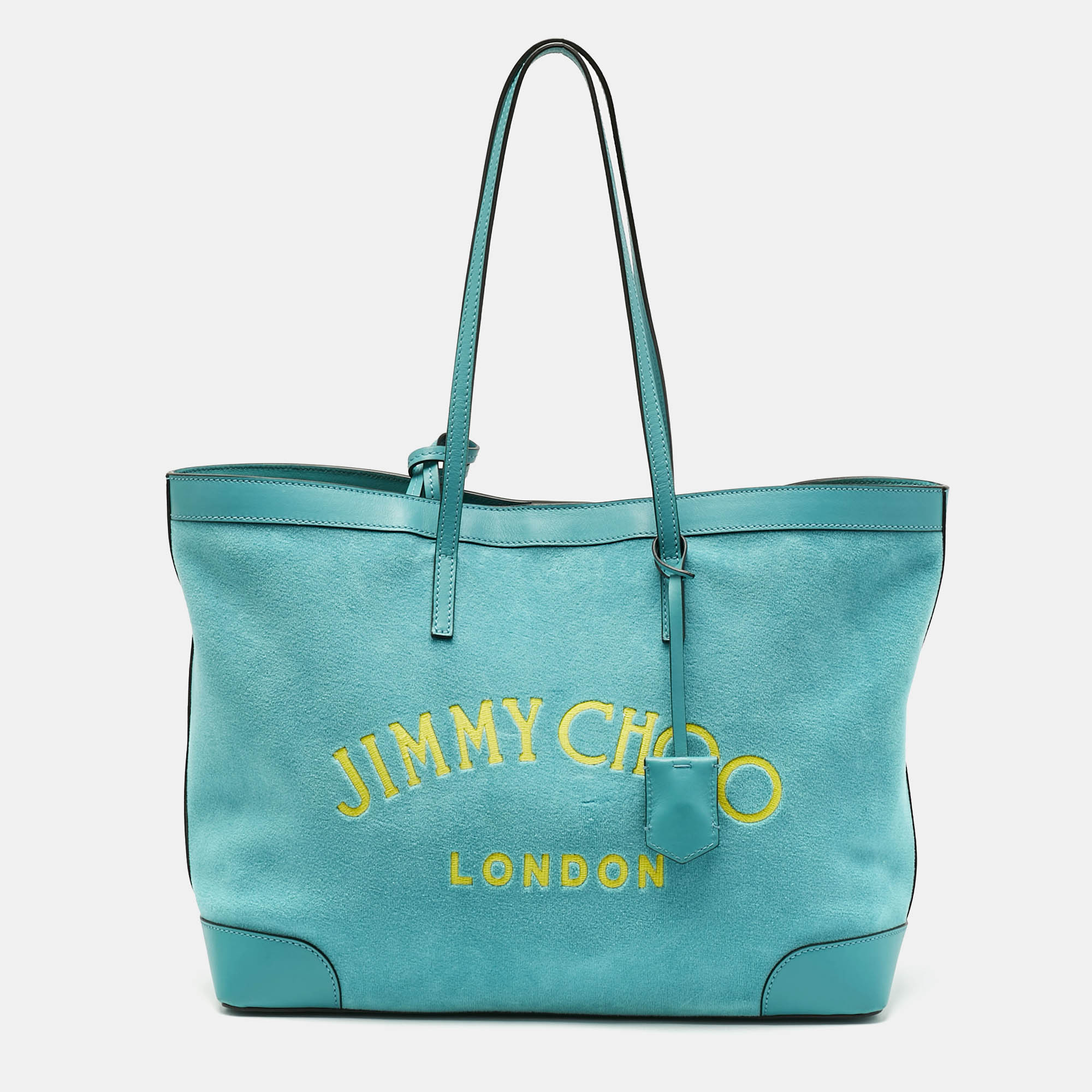 Pre Owned Jimmy Choo Malibu Green Towelling Fabric Logo Tote