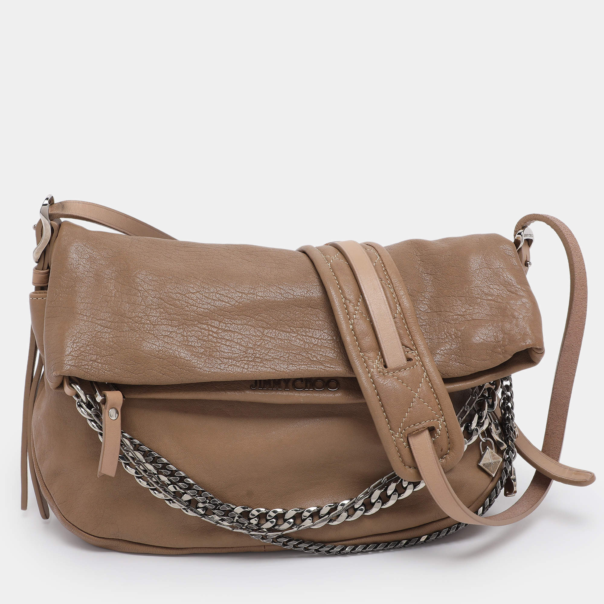 Pre Owned Jimmy Choo Beige Leather Boho Biker Chain Messenger Bag