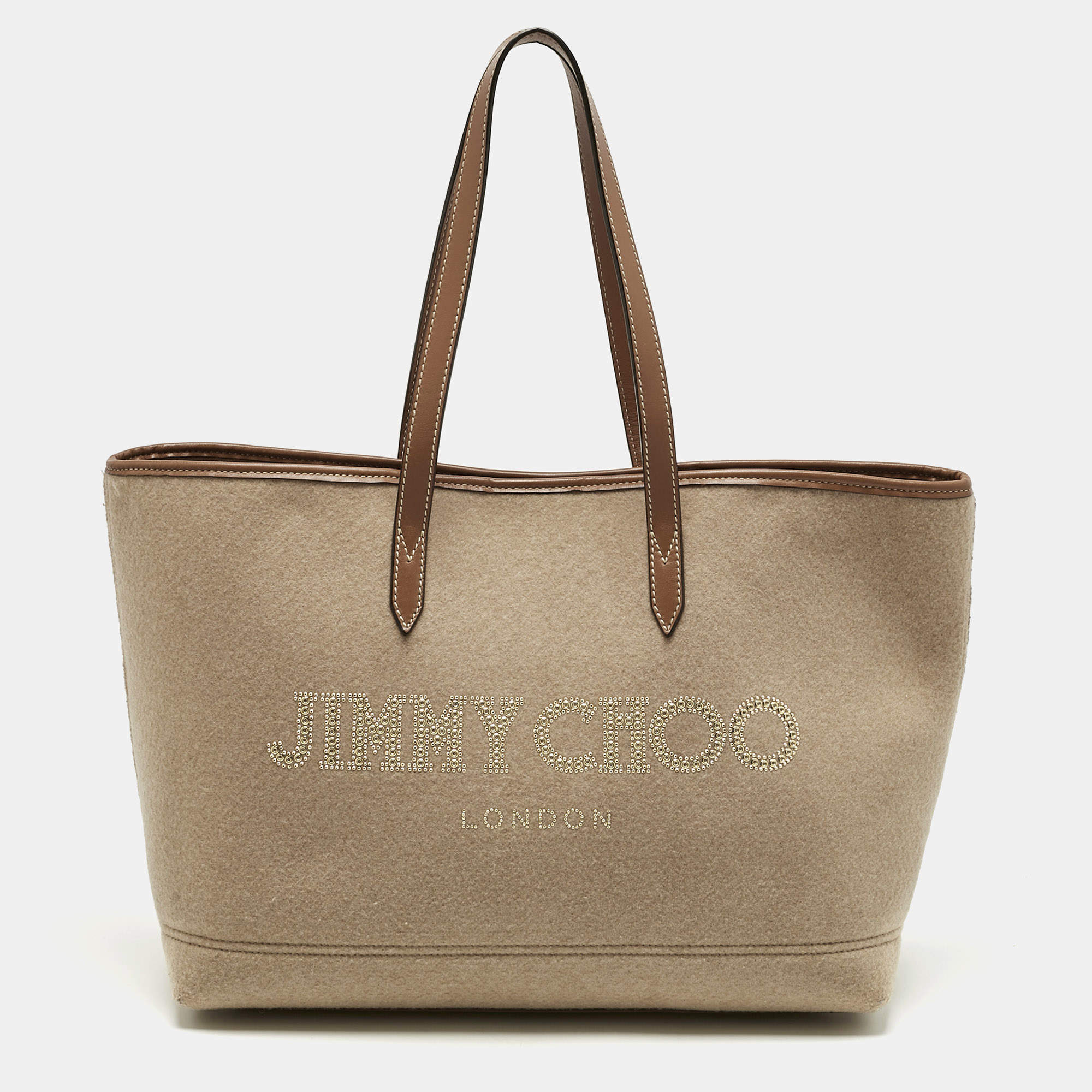 Pre Owned Jimmy Choo Beige/Brown Felt and Leather Logo Tote
