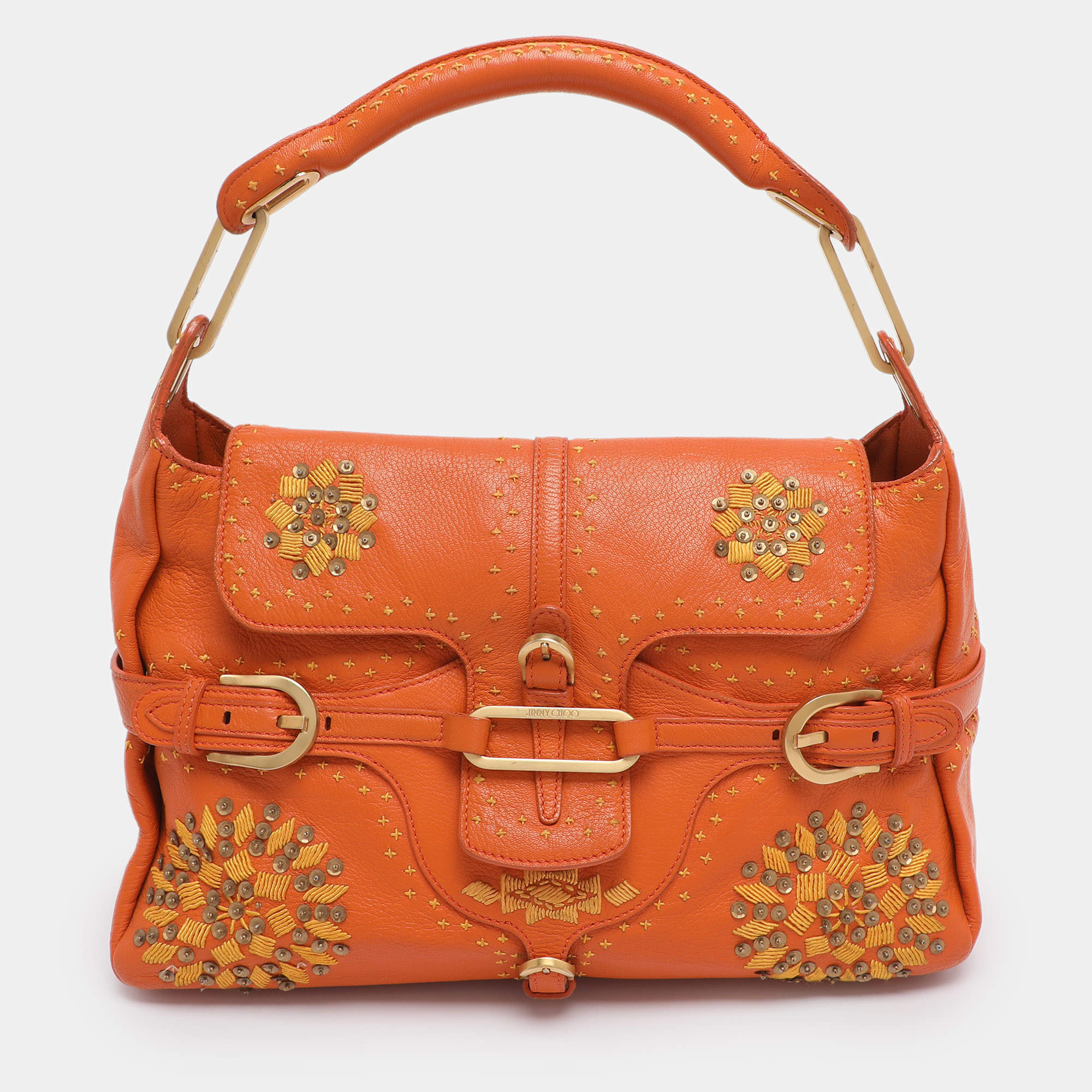 Pre Owned Jimmy Choo Orange Embroidered Leather Tulita Top Handle Bag