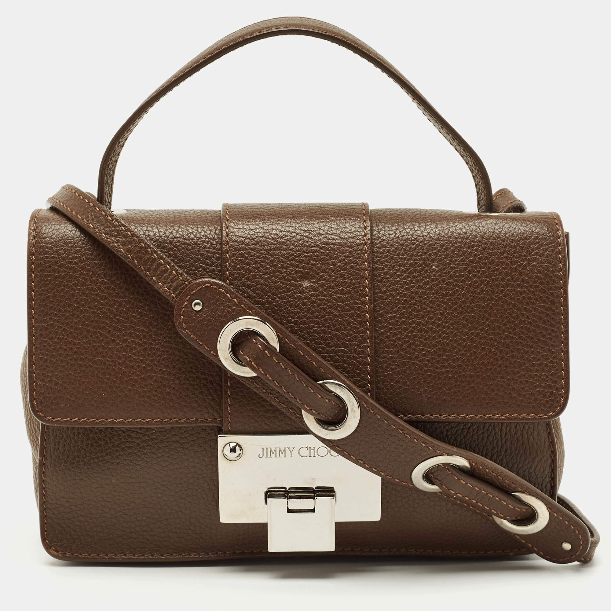 Pre Owned Jimmy Choo Brown Leather Rebel Flap Top Handle Bag