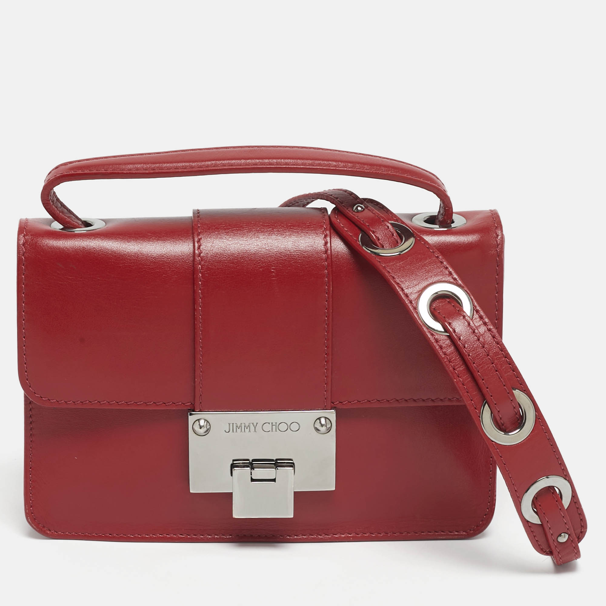 Pre Owned Jimmy Choo Red Leather Rebel Flap Top Handle Bag