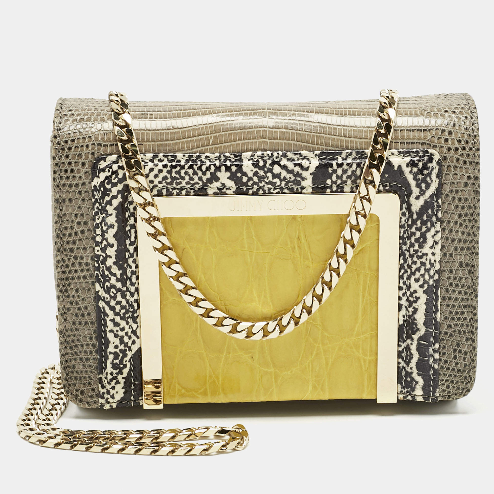 Pre Owned Jimmy Choo Grey/Yellow Croc and Lizard Alba Chain Shoulder Bag