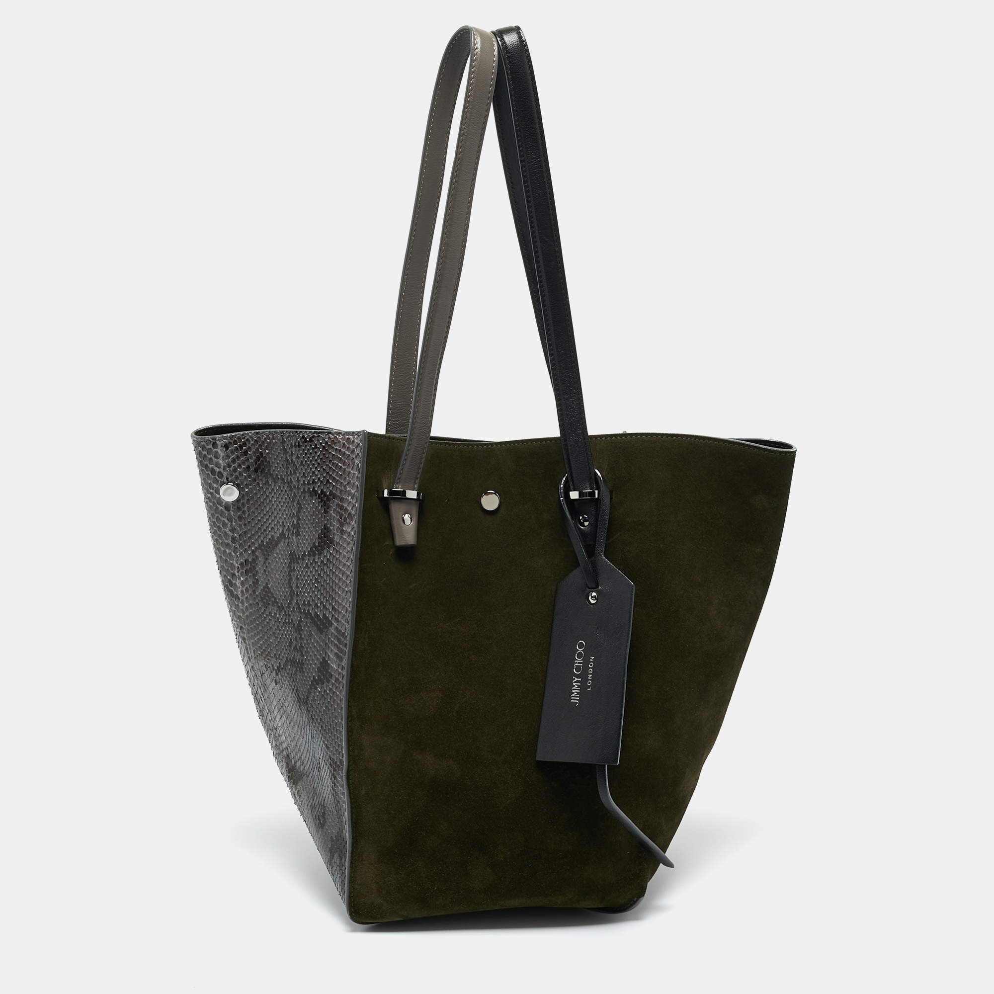 Pre Owned Jimmy Choo Green/Grey Suede and Python Twist Tote