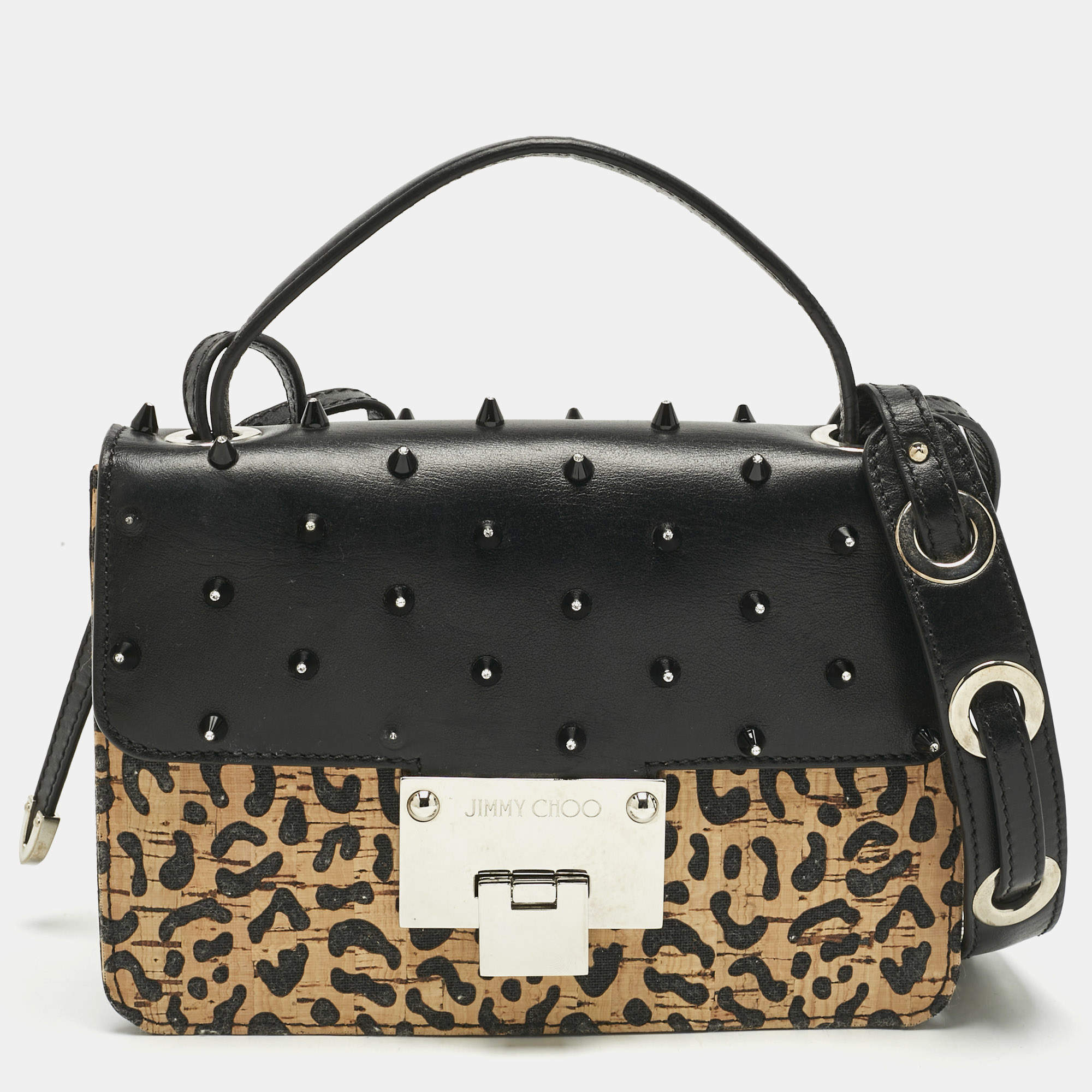 Pre Owned Jimmy Choo Black/Beige Leopard Print Cork and Leather Rebel Embellished Crossbody Bag