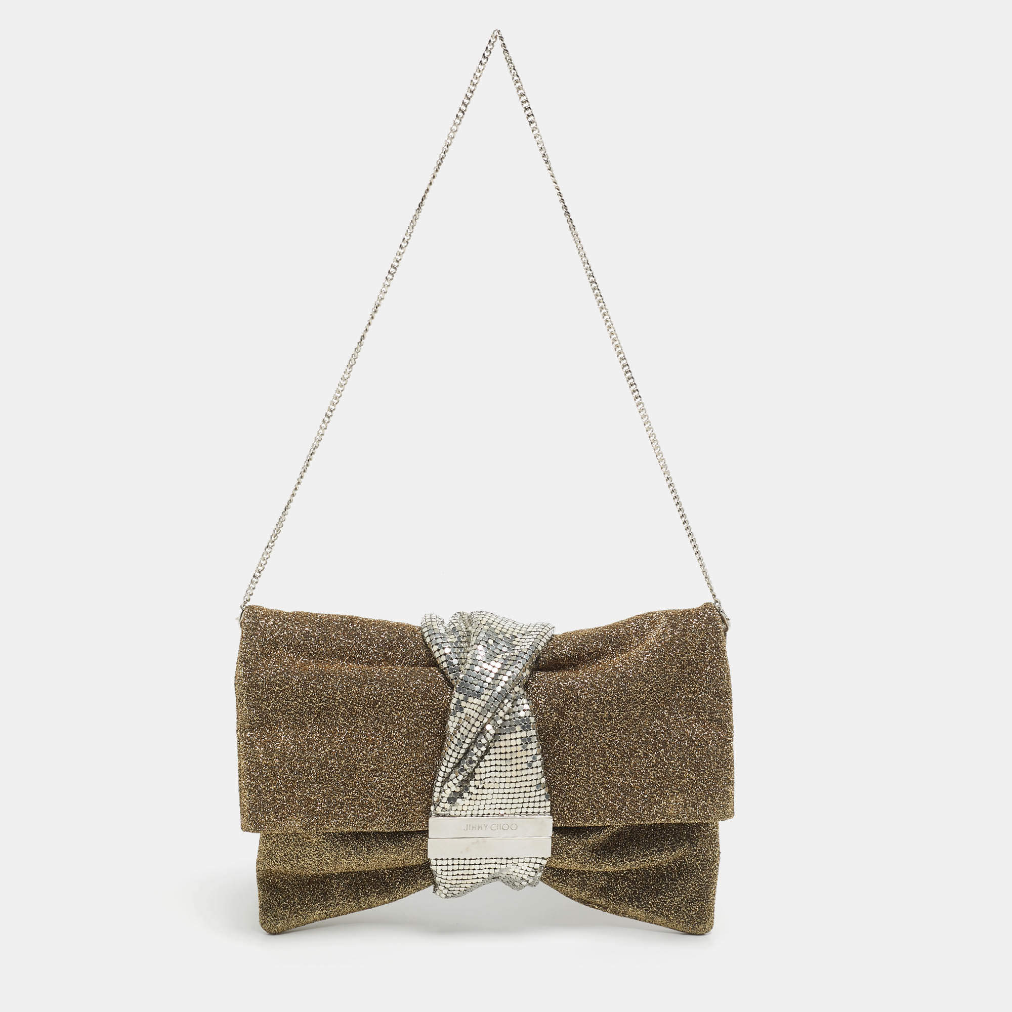 Pre Owned Jimmy Choo Gold/Silver Lurex Fabric and Chainmail Chandra Chain Clutch