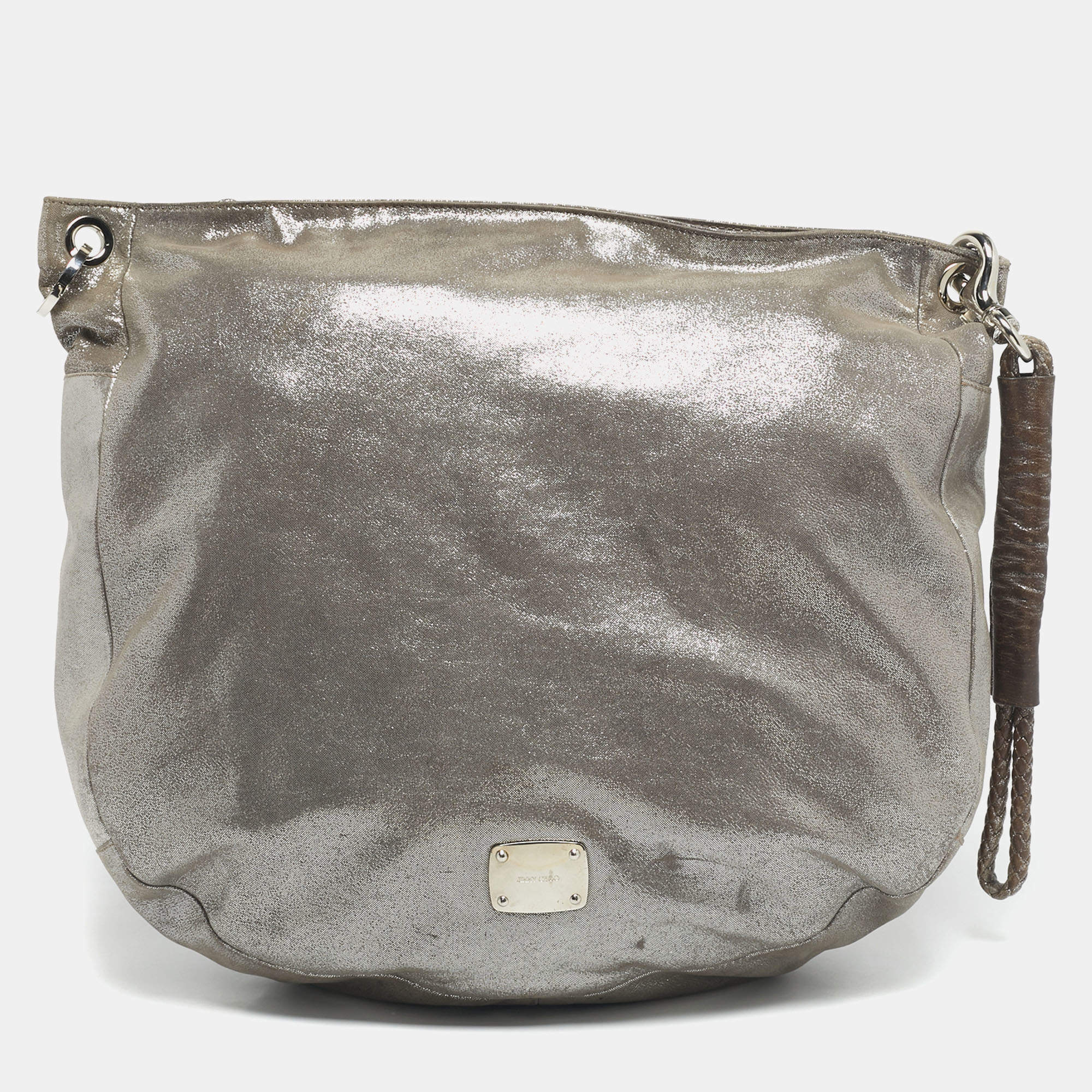Pre Owned Jimmy Choo Silver Iridescent Leather Large Sky Bangle Hobo