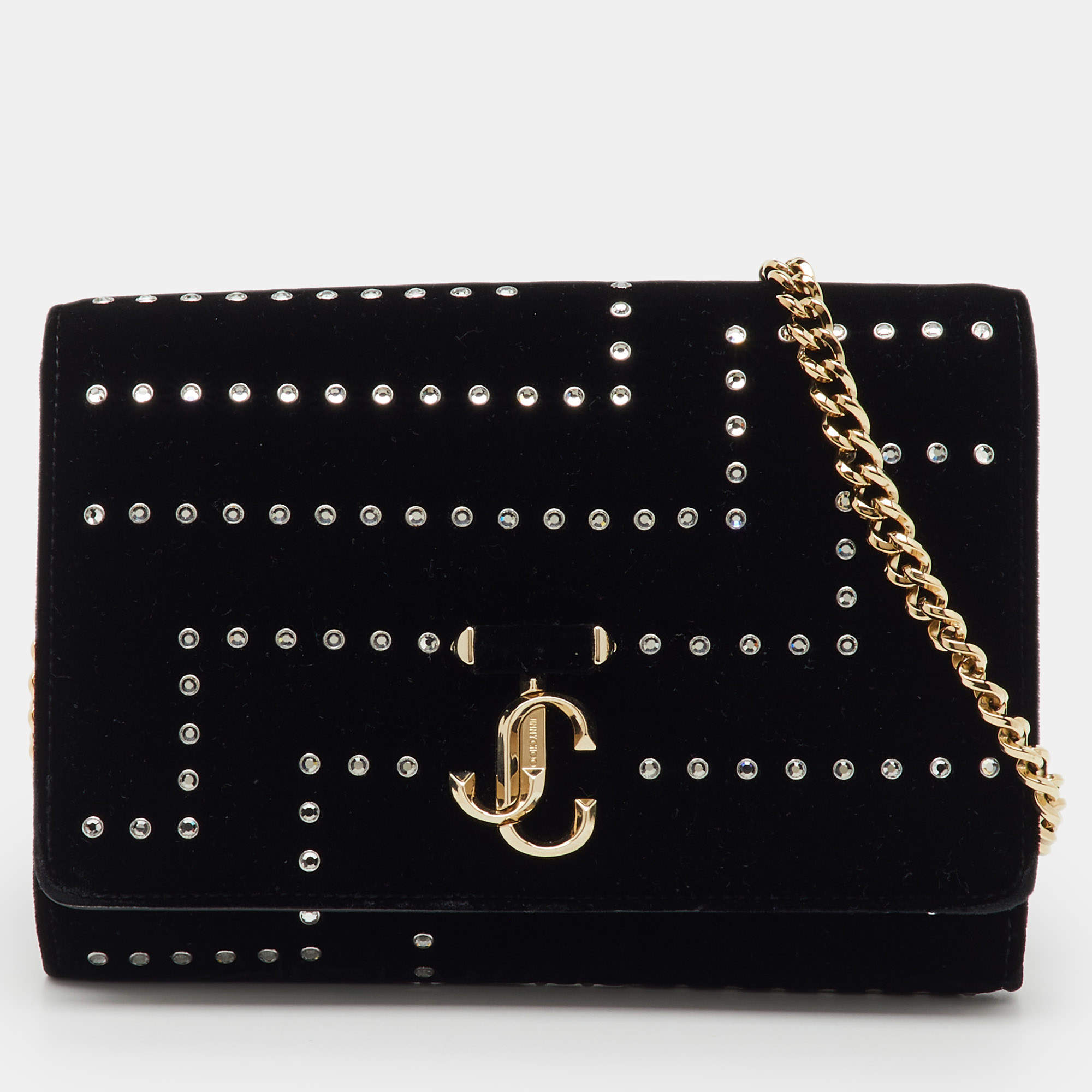 Pre Owned Jimmy Choo Black Velvet Crystal Embellished Varenne Chain Clutch