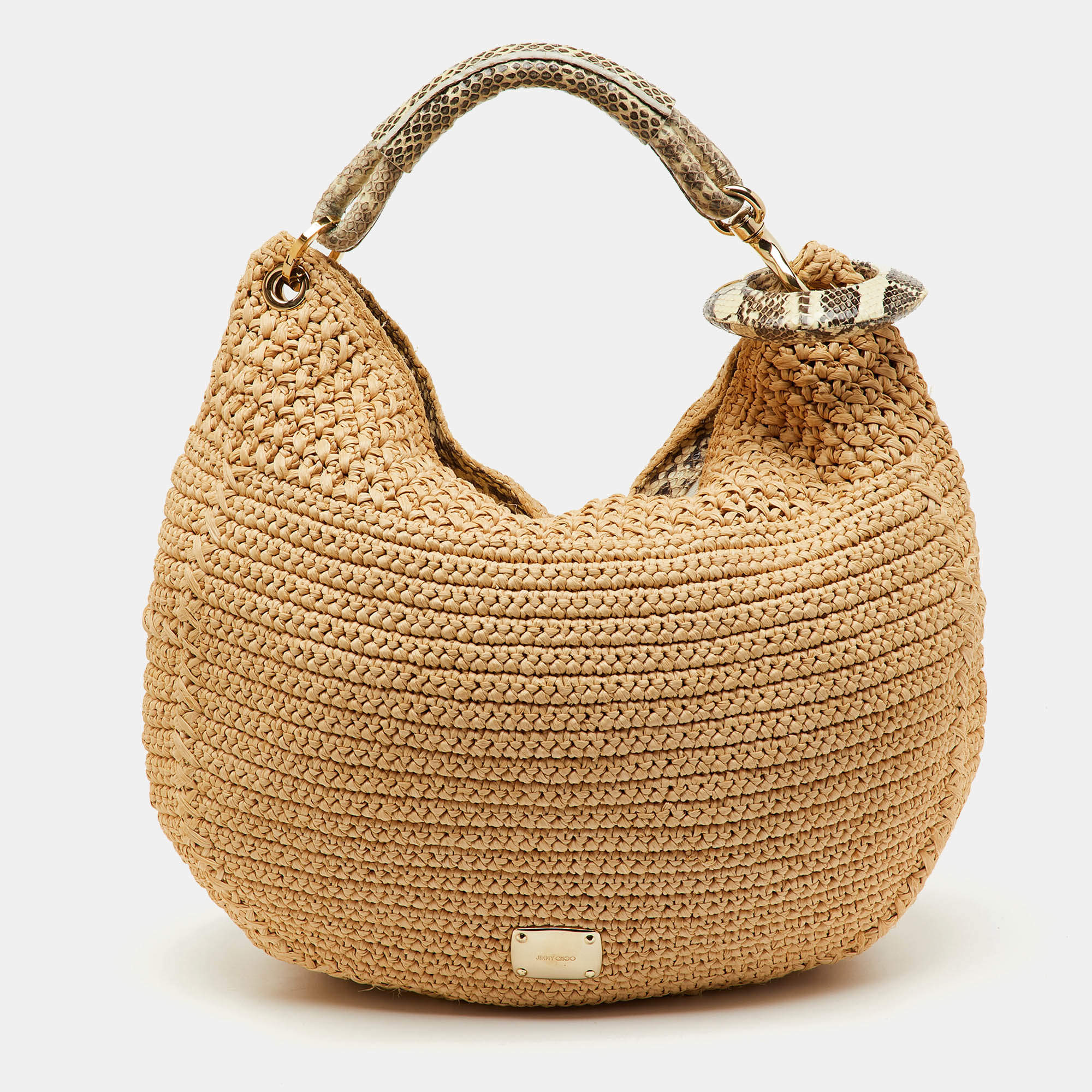 Pre Owned Jimmy Choo Beige/Black Raffia and Snakeskin Trim Sky Hobo
