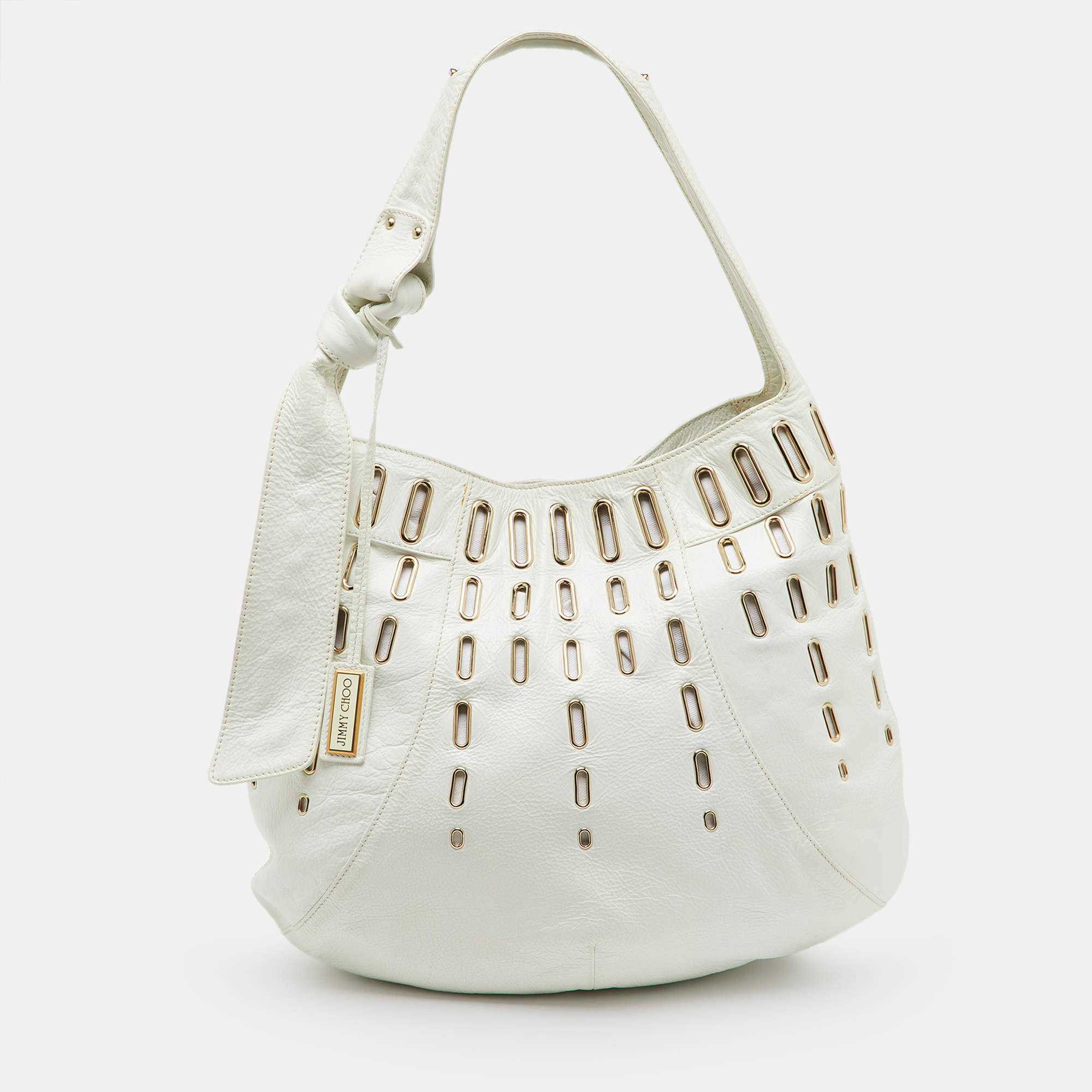 Pre Owned Jimmy Choo White Leather Dessy Studded Hobo