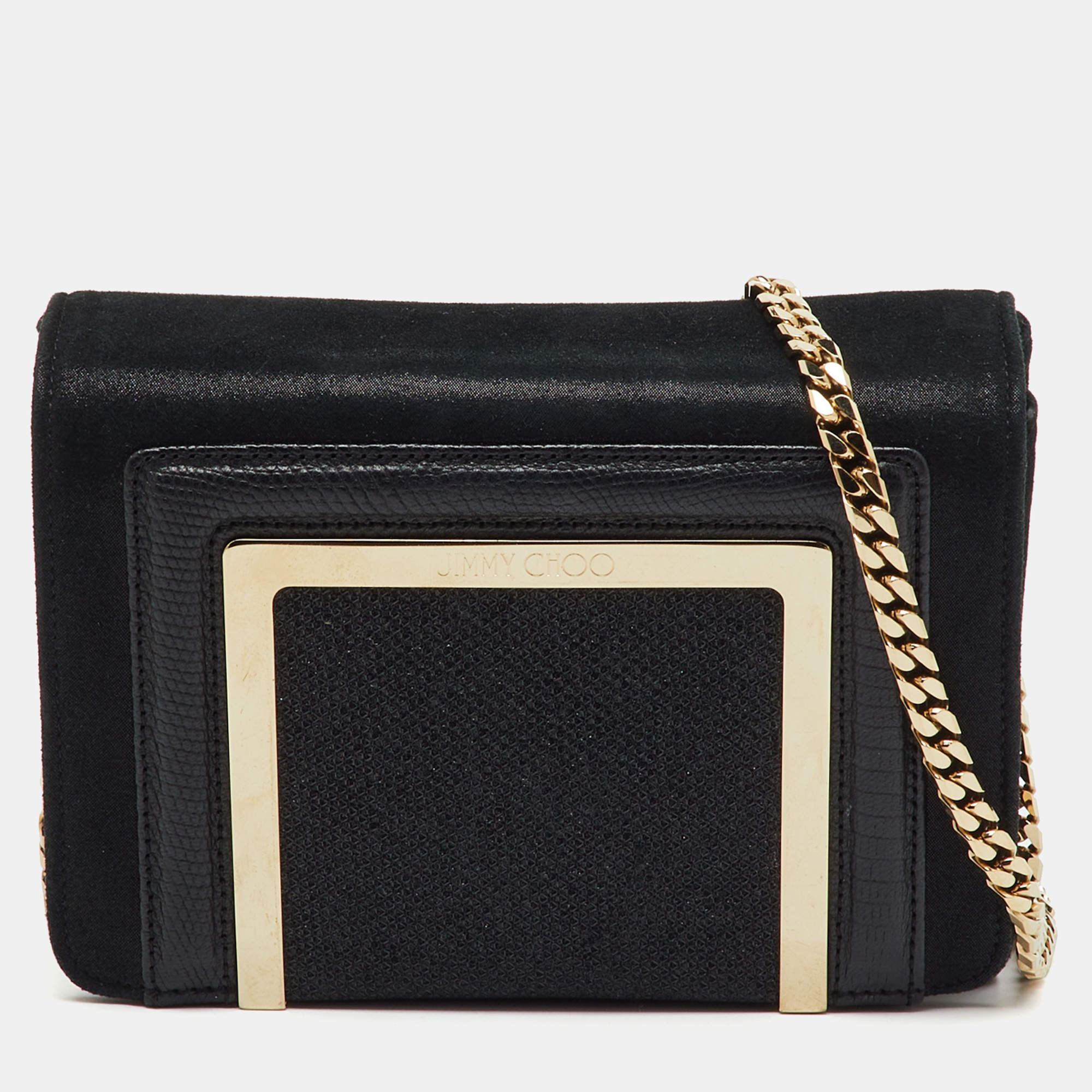 Pre Owned Jimmy Choo Black Leather and Shimmer Fabric Alba Chain Clutch