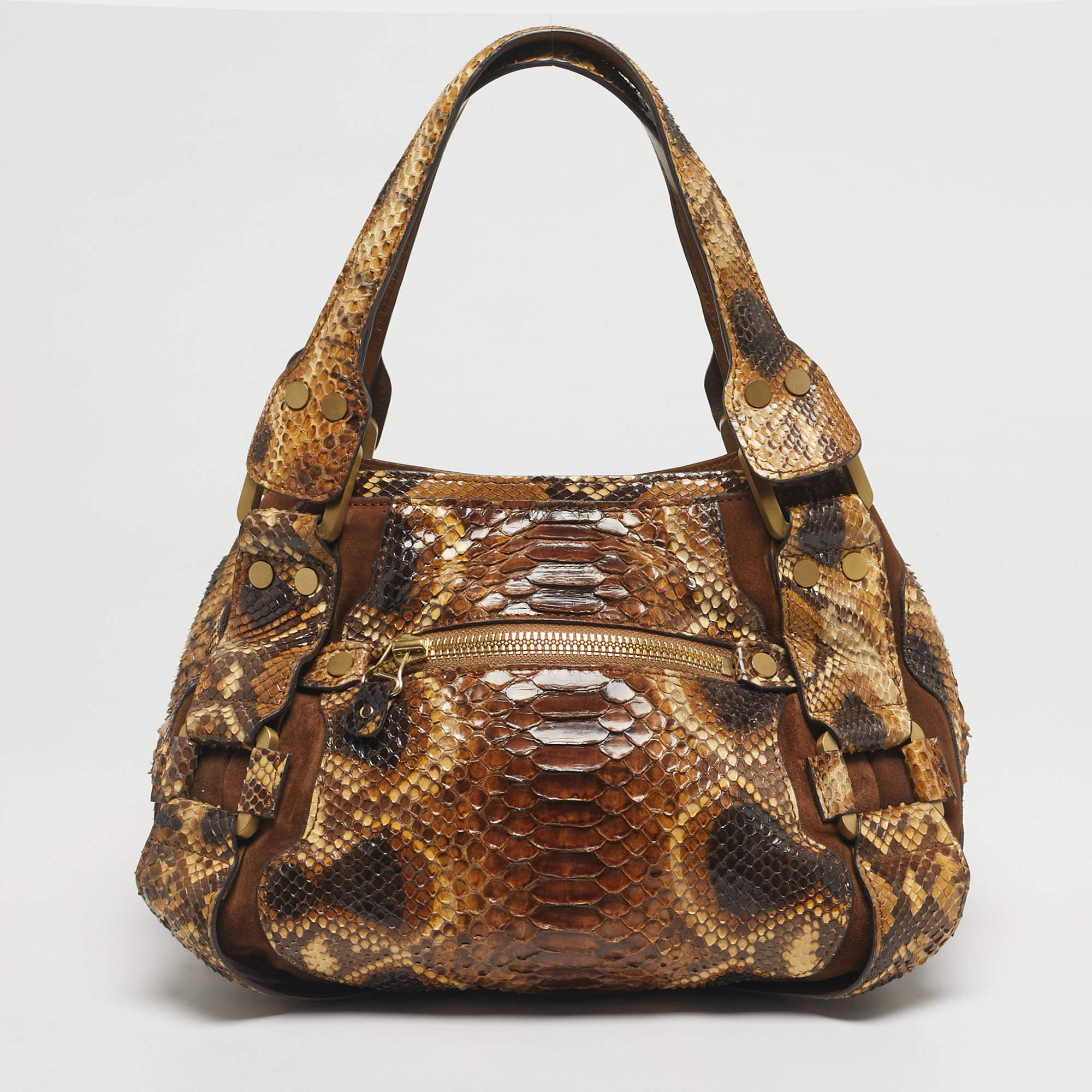 Pre Owned Jimmy Choo Bronze/Brown Python and Suede Mahala Tote