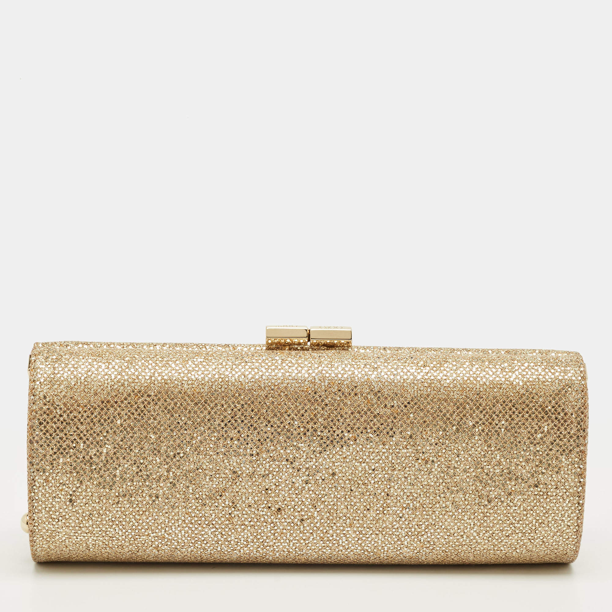 Pre Owned Jimmy Choo Gold Glitter Fabric Tube Clutch