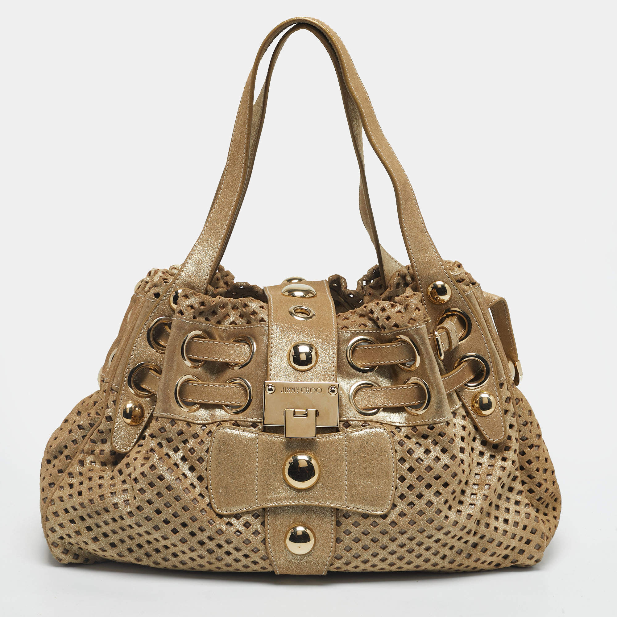 Pre Owned Jimmy Choo Gold Shimmer Perforated Suede Riki Tote