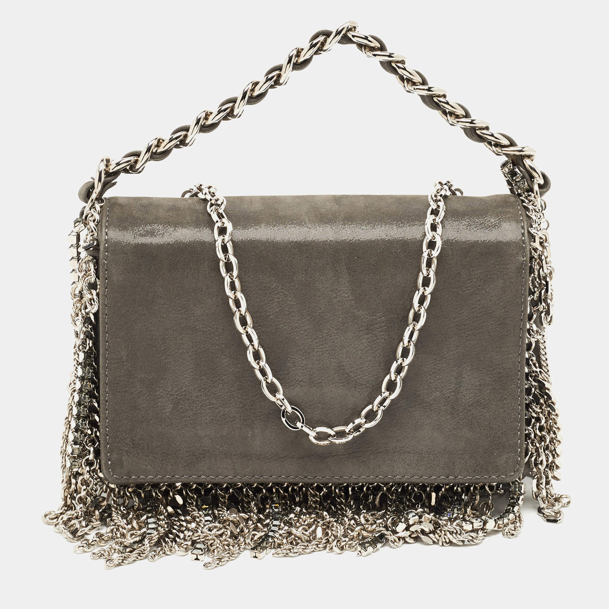 Pre Owned Jimmy Choo Grey Shimmer Suede Chain Embellished Fringe Shoulder Bag