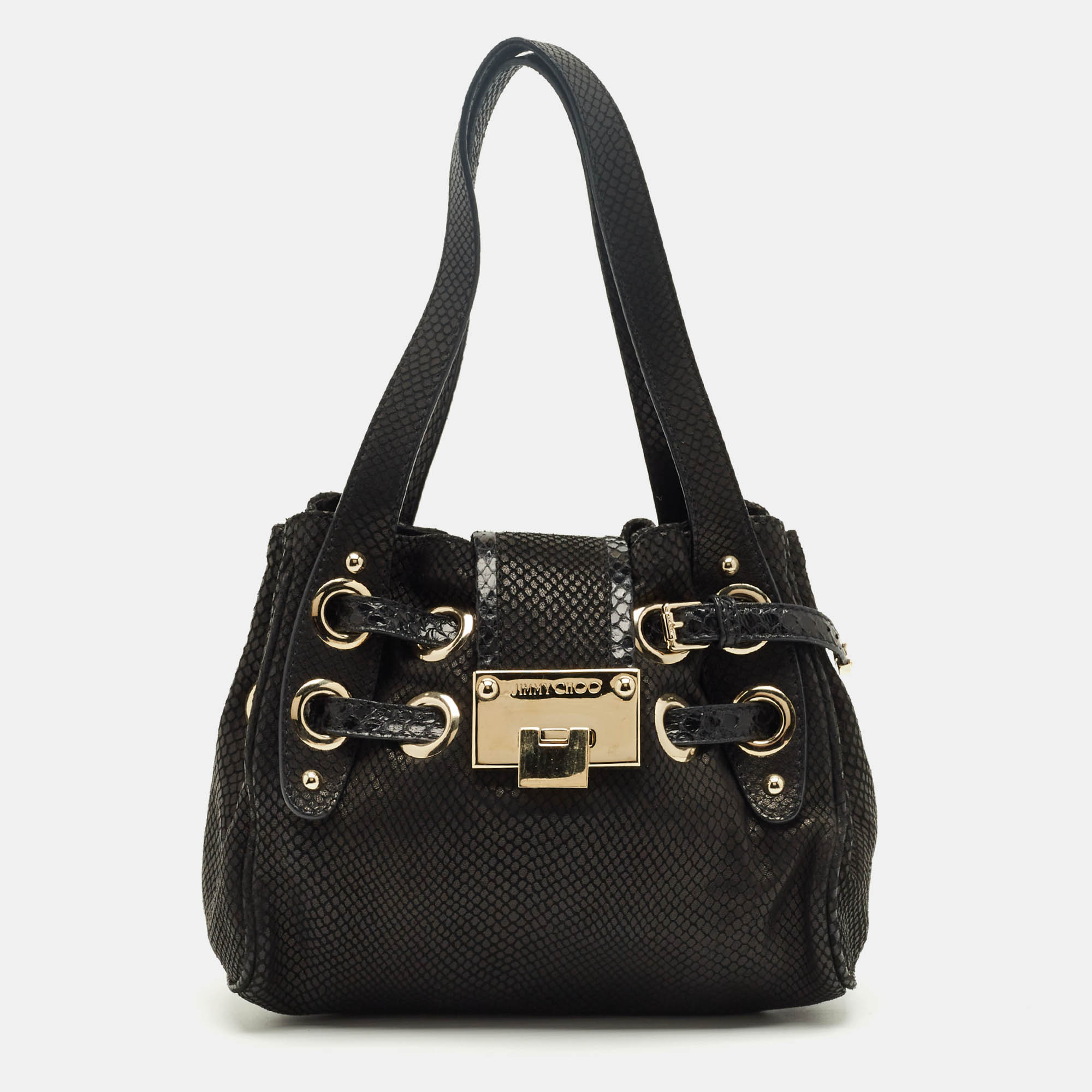 Pre Owned Jimmy Choo Black Snakeskin Embossed Leather Mini Riki Tote